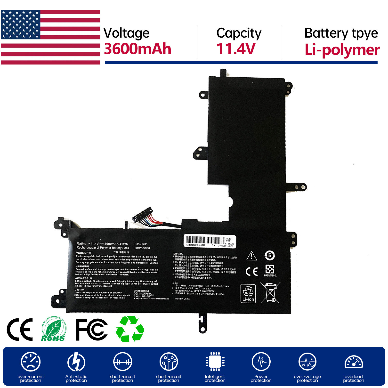 B31N1705 Battery for Asus TP410UF-EC030T 3ICP5/57/80 MBXAS-BA0191 Q405UA-BI5T5