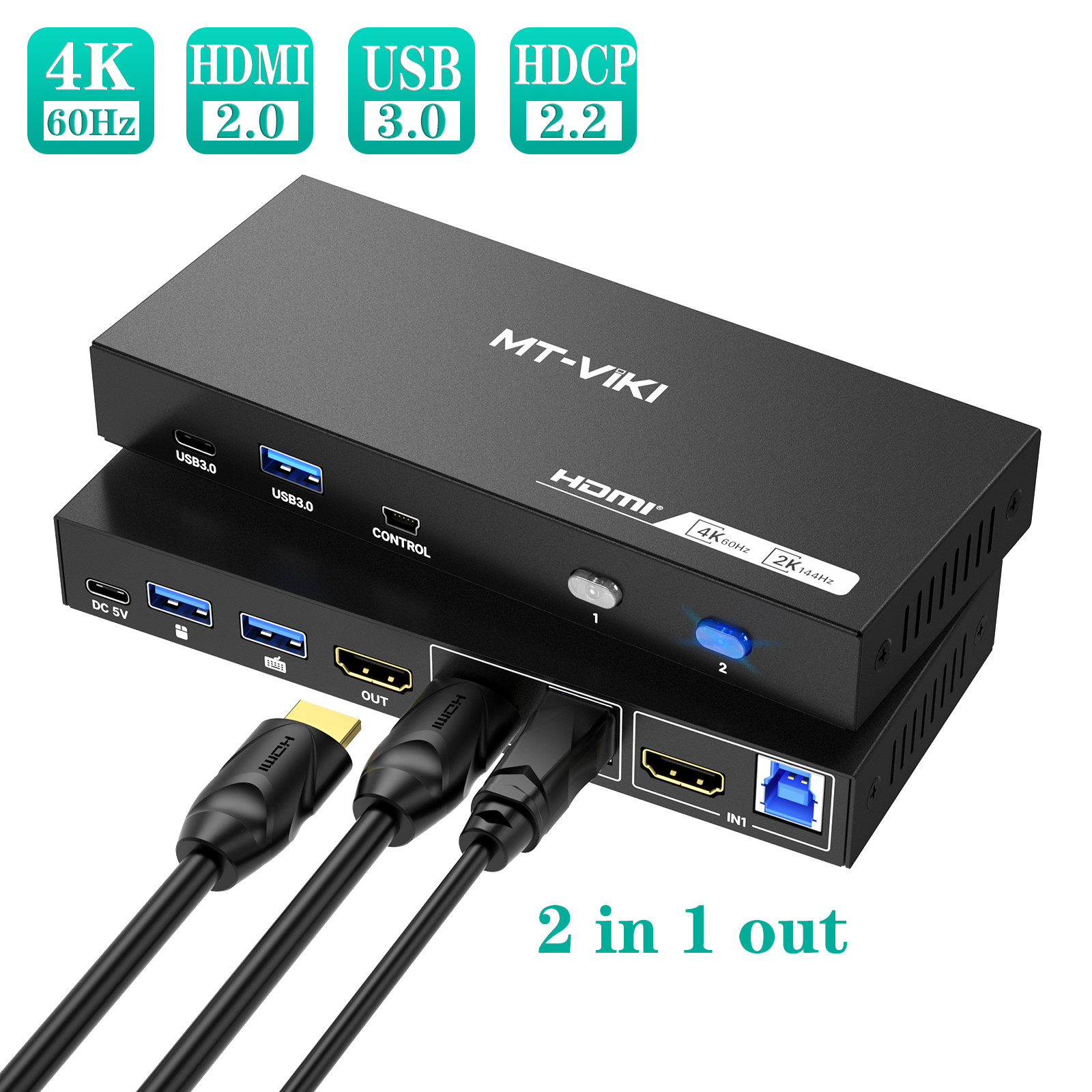 MT-VIKI 2 Port HDMI KVM Switch 4K@60Hz USB 3.0 for 2PCs w/Desktop Controller