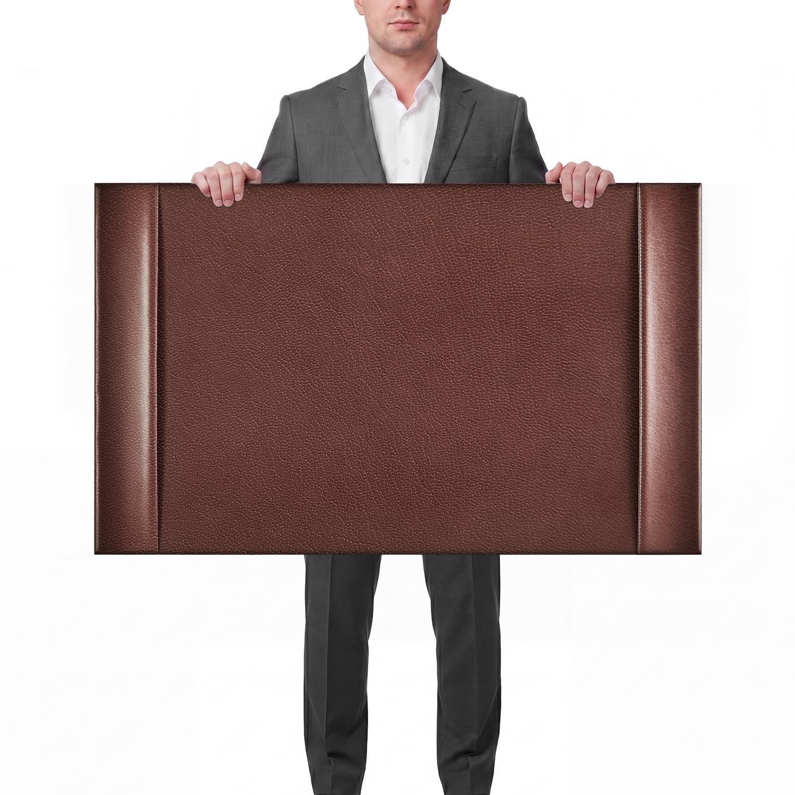Leather Desk Pad Mat 30x18 Inch with Side Rails, Brown Office Organizer, Protect