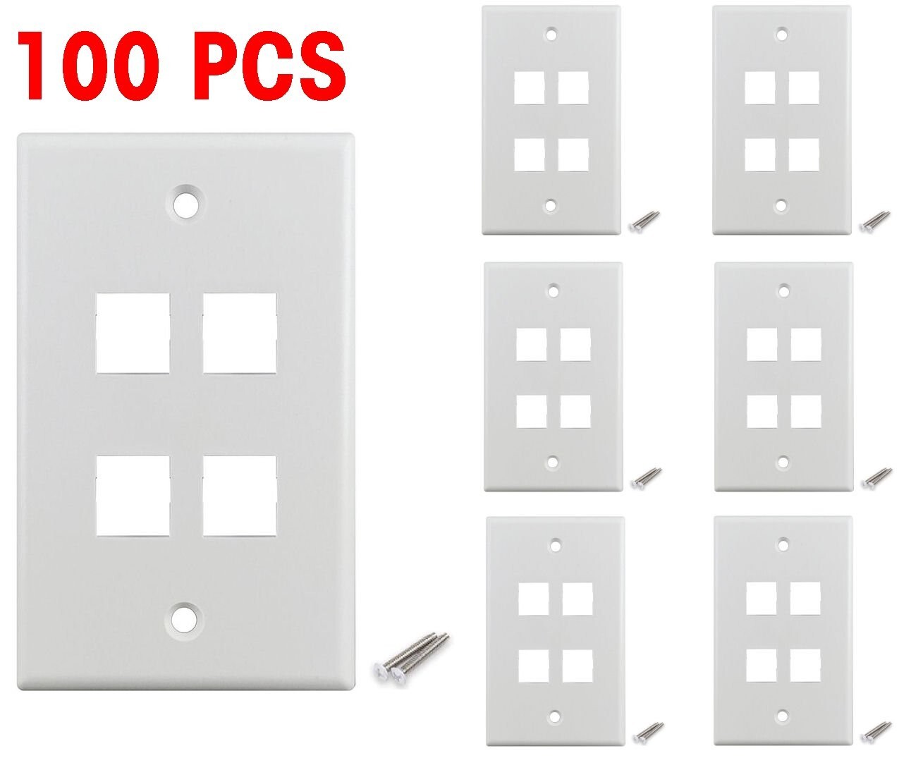 100 PCS Pack 4 Port Keystone Insert Jack CAT5 CAT6 RJ45 Coax Wall Plate WHITE