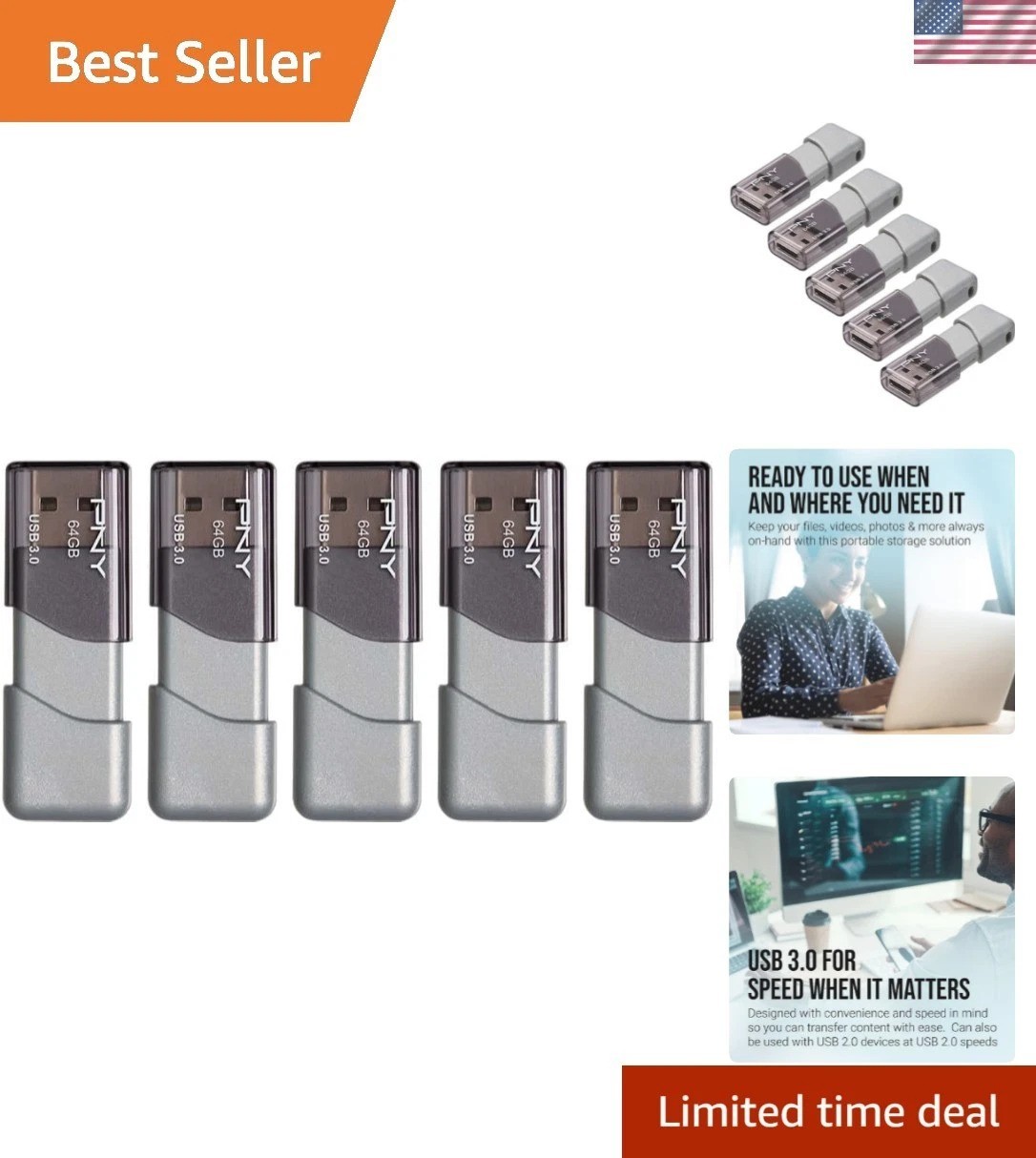 64GB Turbo Attaché 3 USB 3.0 Flash Drive 5-Pack​