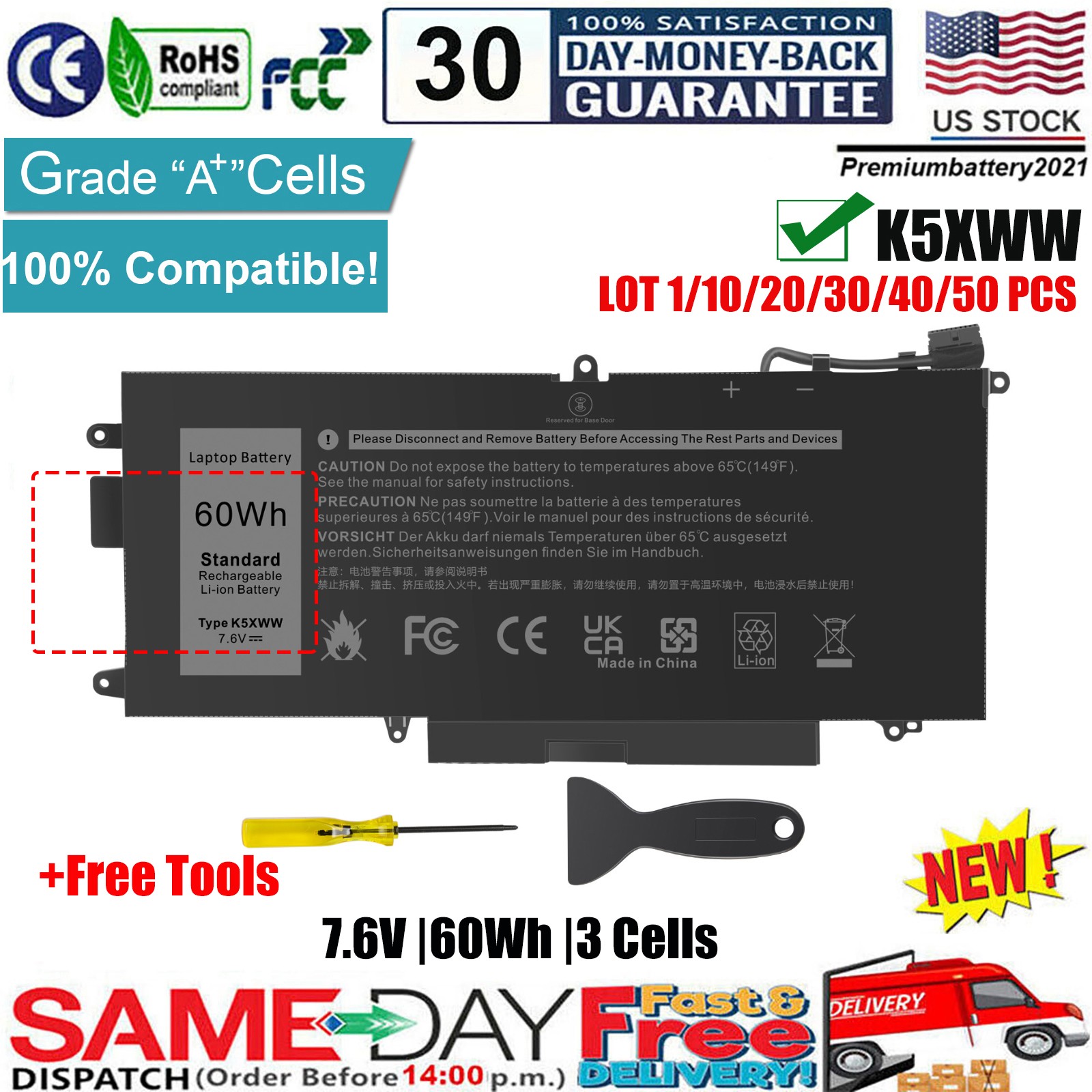 ✅LOT 1-30 K5XWW Battery for Dell Latitude 5289 7389 7390 2-in-1 X49C1 71TG4 60Wh