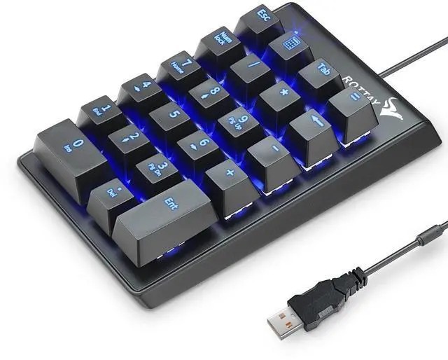 Number Pad, Mechanical USB Wired Numeric Keypad with Blue LED Backlit 22 Key Num