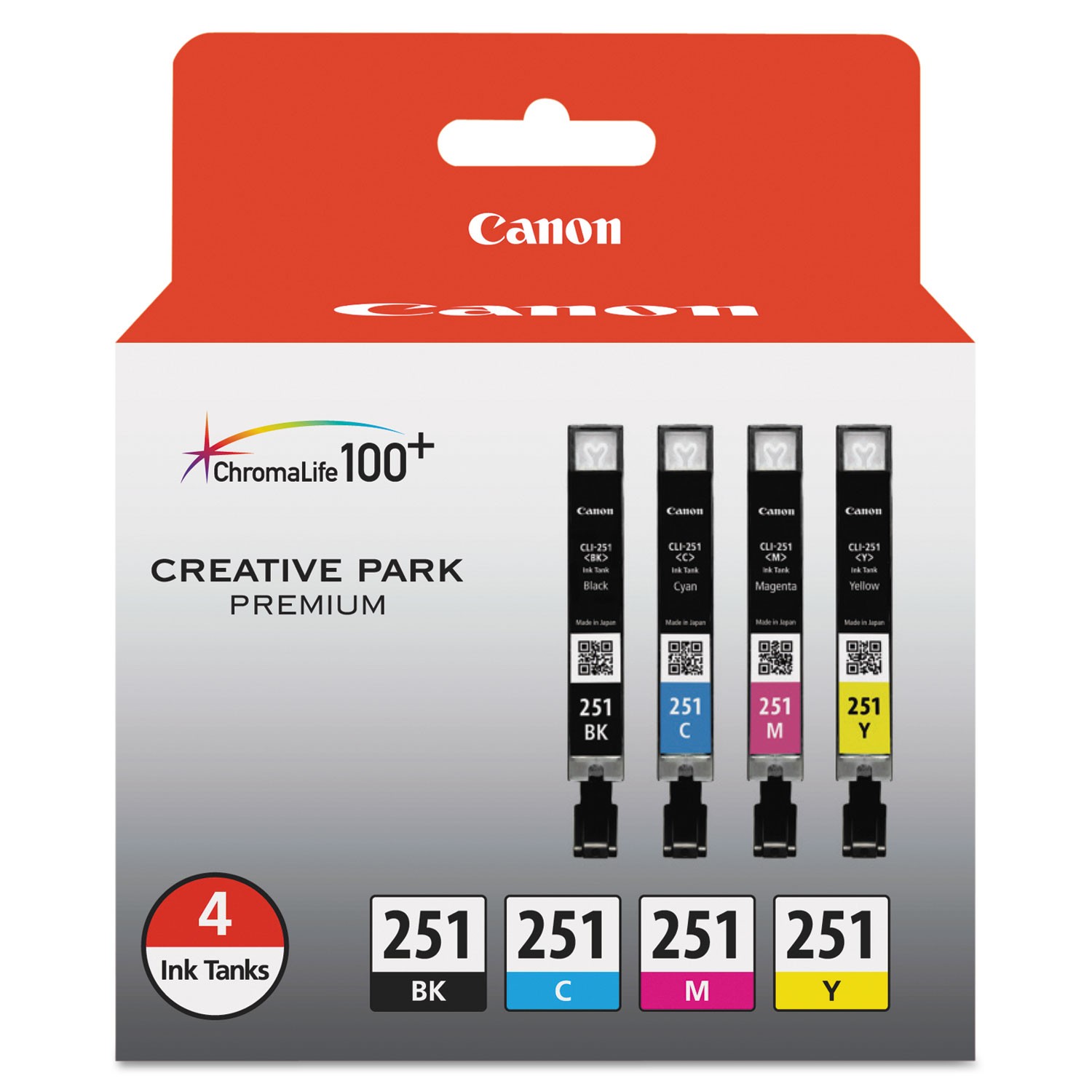 Canon® 6513B004 (CLI-251) ChromaLife100+ Ink, Black/Cyan/Magenta/Yellow, 4/PK