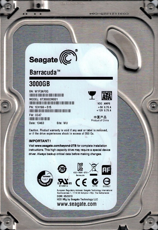 ST3000DM001 F/W: CC47 P/N: 1CH166-515 WU W1F3 Seagate 3TB