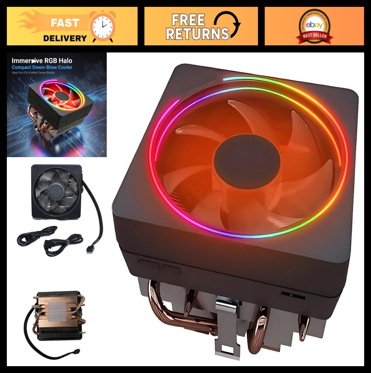 High-Performance CPU Cooler with RGB, 95mm Fan, Copper Base, AMD AM5/AM4/AM3 Com