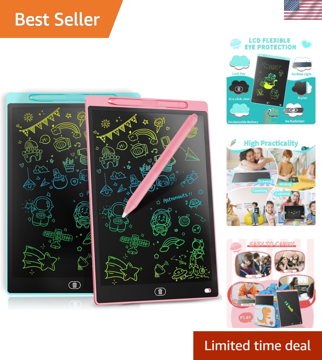 Portable 2-Pack LCD Writing Tablet for Kids - Safe Fun with Colorful Creativity