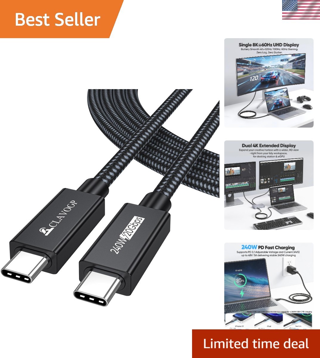 Versatile 6Ft USB C Cable - 8K Video, 240W Charging & Universal Compatibility