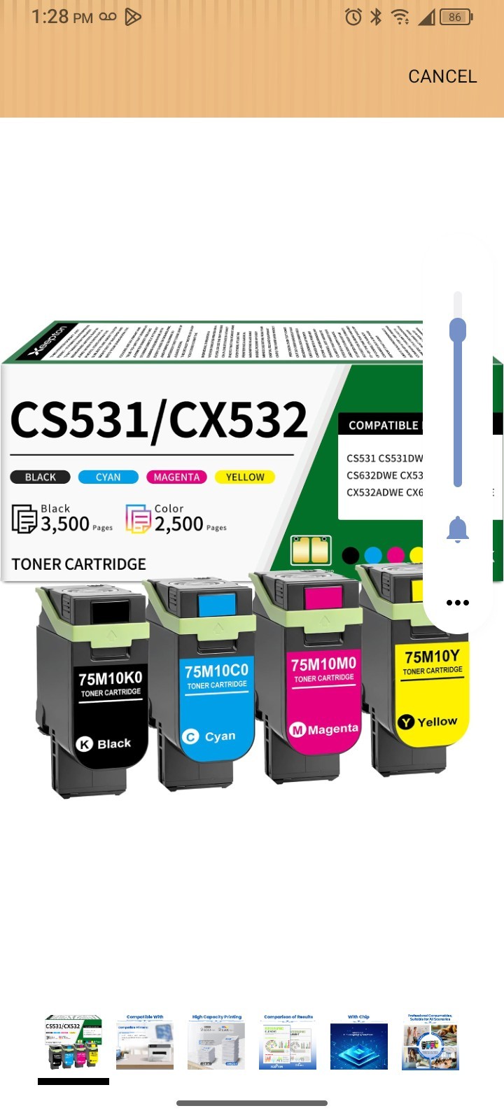 CS531 CX532 Toner Cartridge for 75M10K0 75M10C0 75M10M0 75M10Y0 4-PackCS531...