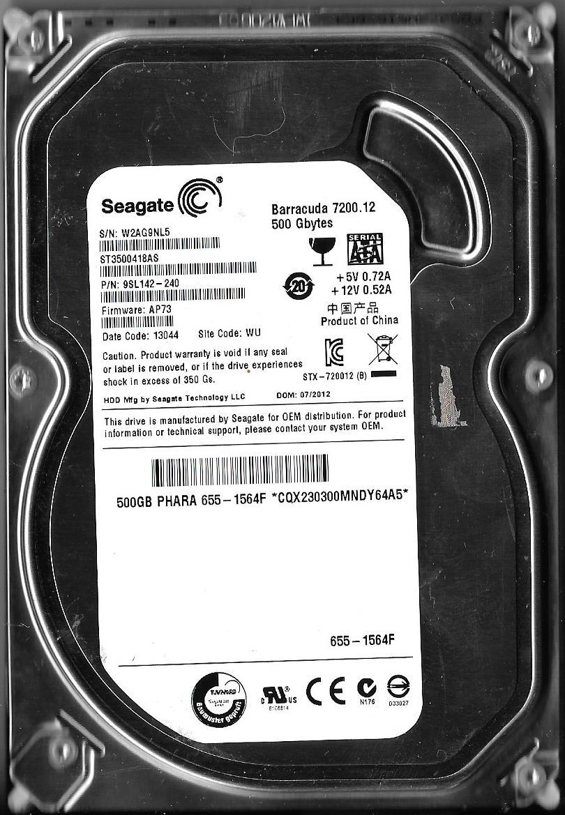 SEAGATE BARRACUDA ST3500418AS 500GB SATA HARD DRIVE P/N: 9SL142-240  W2A  WU