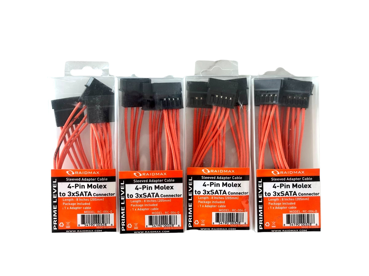 4-Pin Molex to 3xSATA Connector Sleeved Adapter Cable 8in *LOT OF 4*