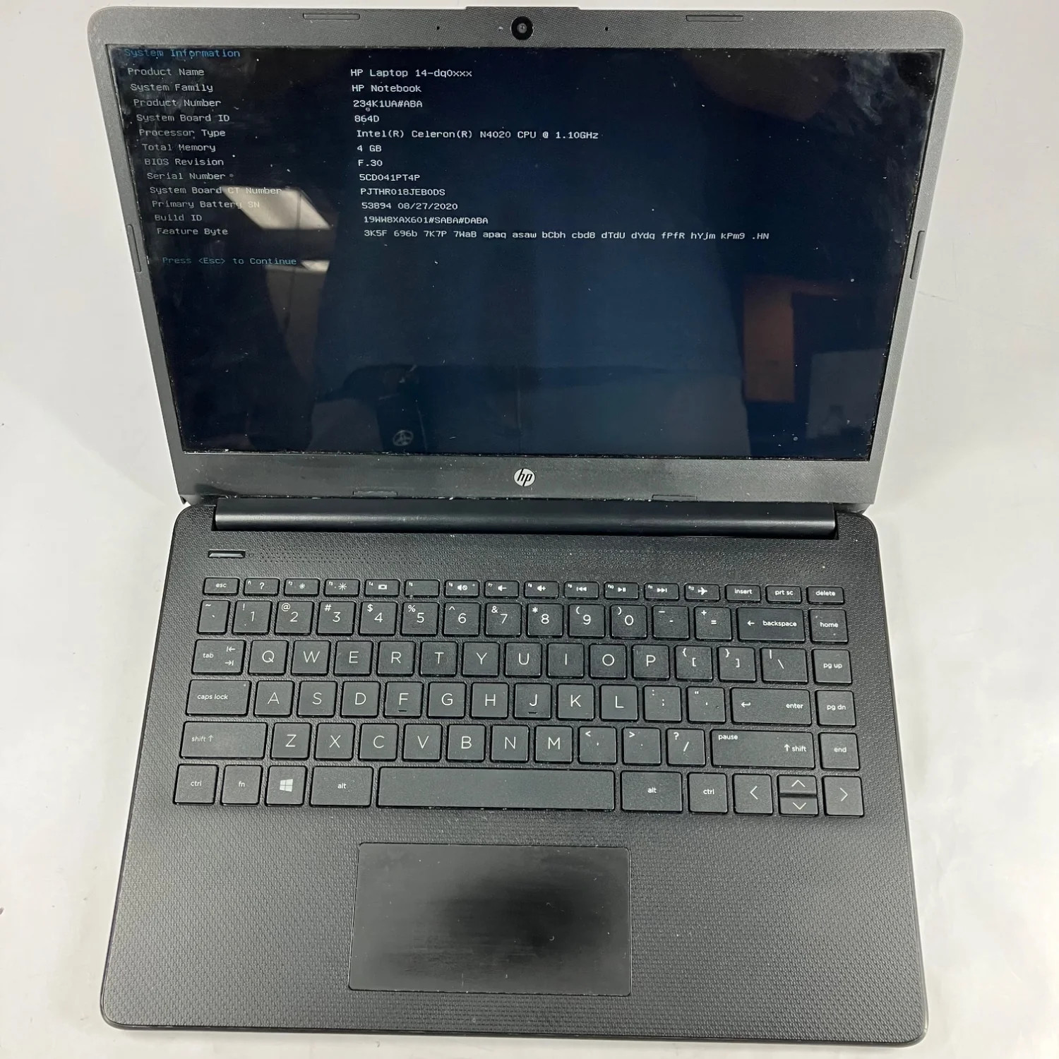 HP NoteBook 14-dq0001dx 14" Celeron N4020 1.1GHz 4GB RAM NO SSD NO OS