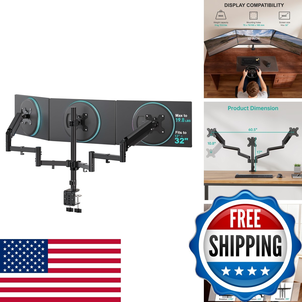 WALI GSDM003 Triple Monitor Mount 13-32" Screens 19.8 lbs per Arm