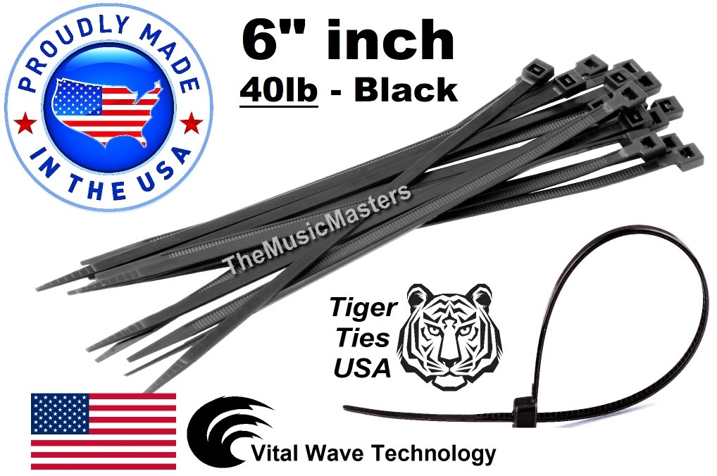 200 Black 6" inch Wire Cable Zip Ties Nylon Tie Wraps 40lb USA Made Tiger Ties