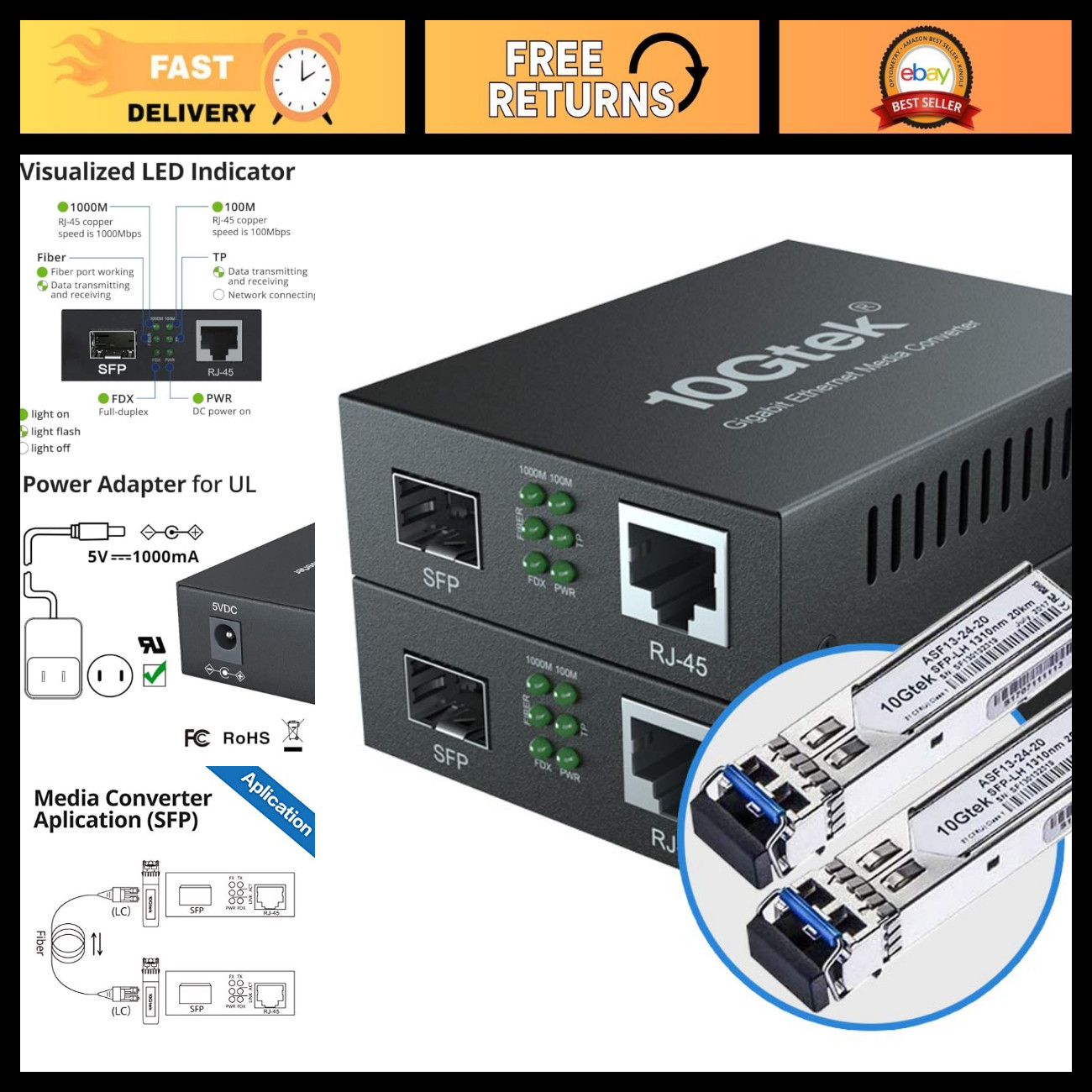 10Gtek 10G Gigabit Ethernet Media Converter LC Fiber to RJ45 Copper - 2-Pack