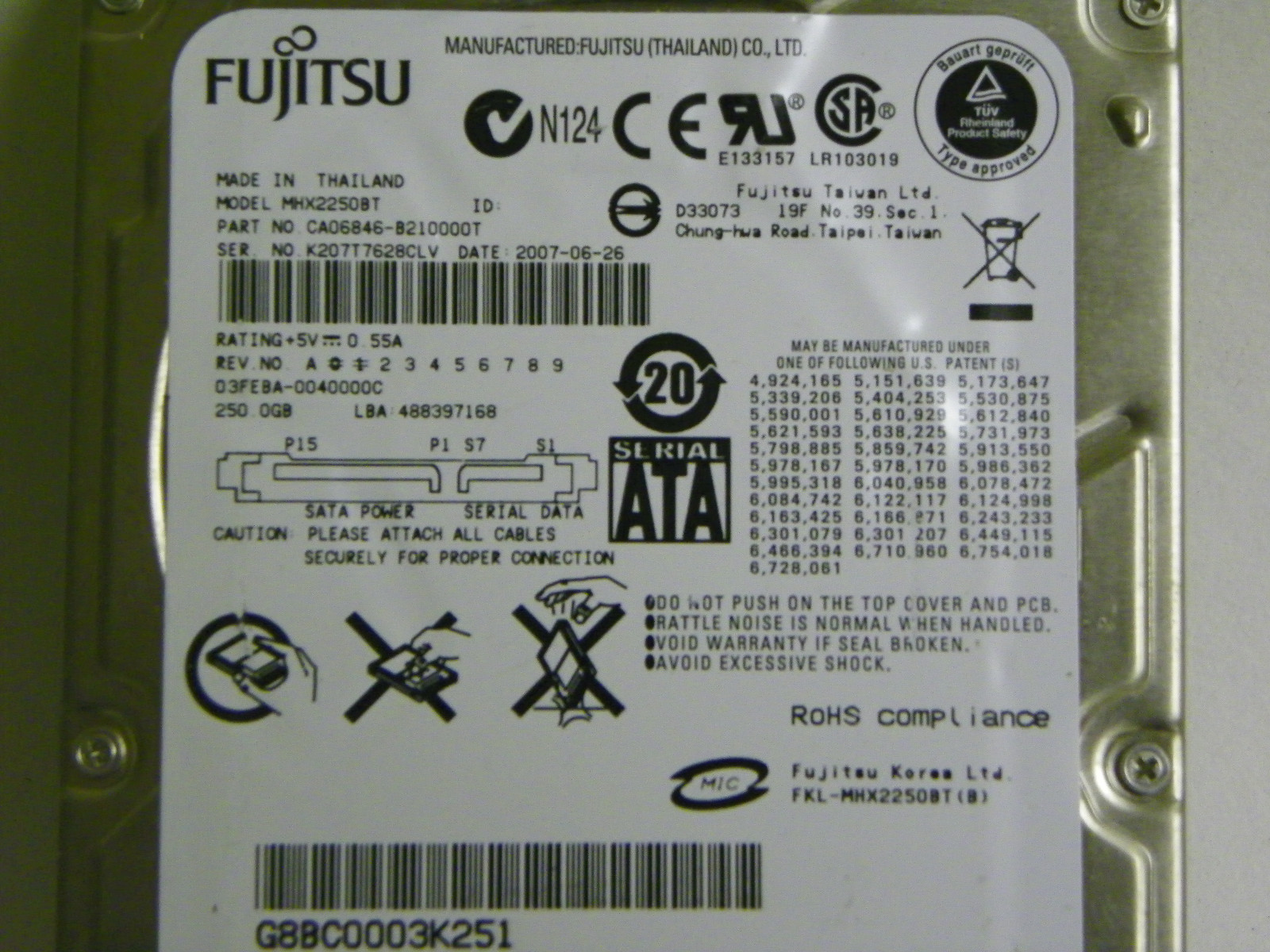 Fujitsu MHX2250BT P/N:CA06846-B210000T Laptop 2.5" 250GB SATA Hard Drive 
