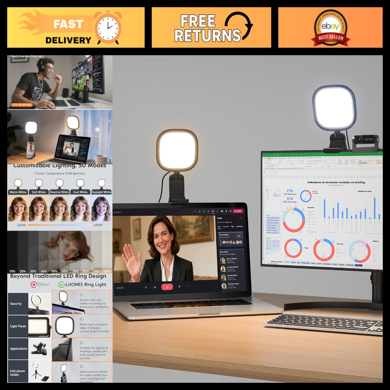 Adjustable Ring Light for Laptop & Monitor, Eye-Caring Diffused LED Desk Light