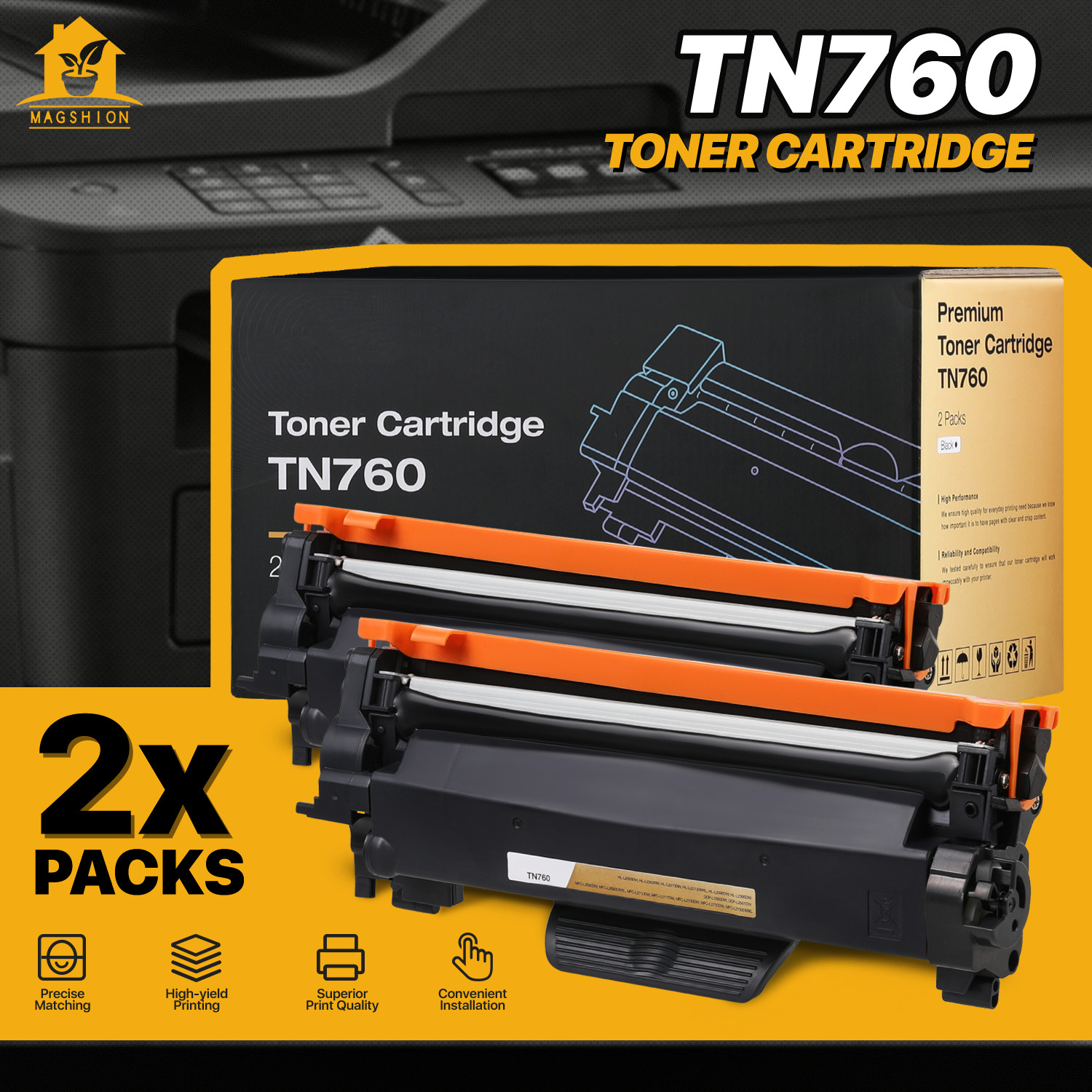 2PK TN760/730 Toner Cartridge Replacement w/Chip for Brother MFC-L2710DW L2750DW