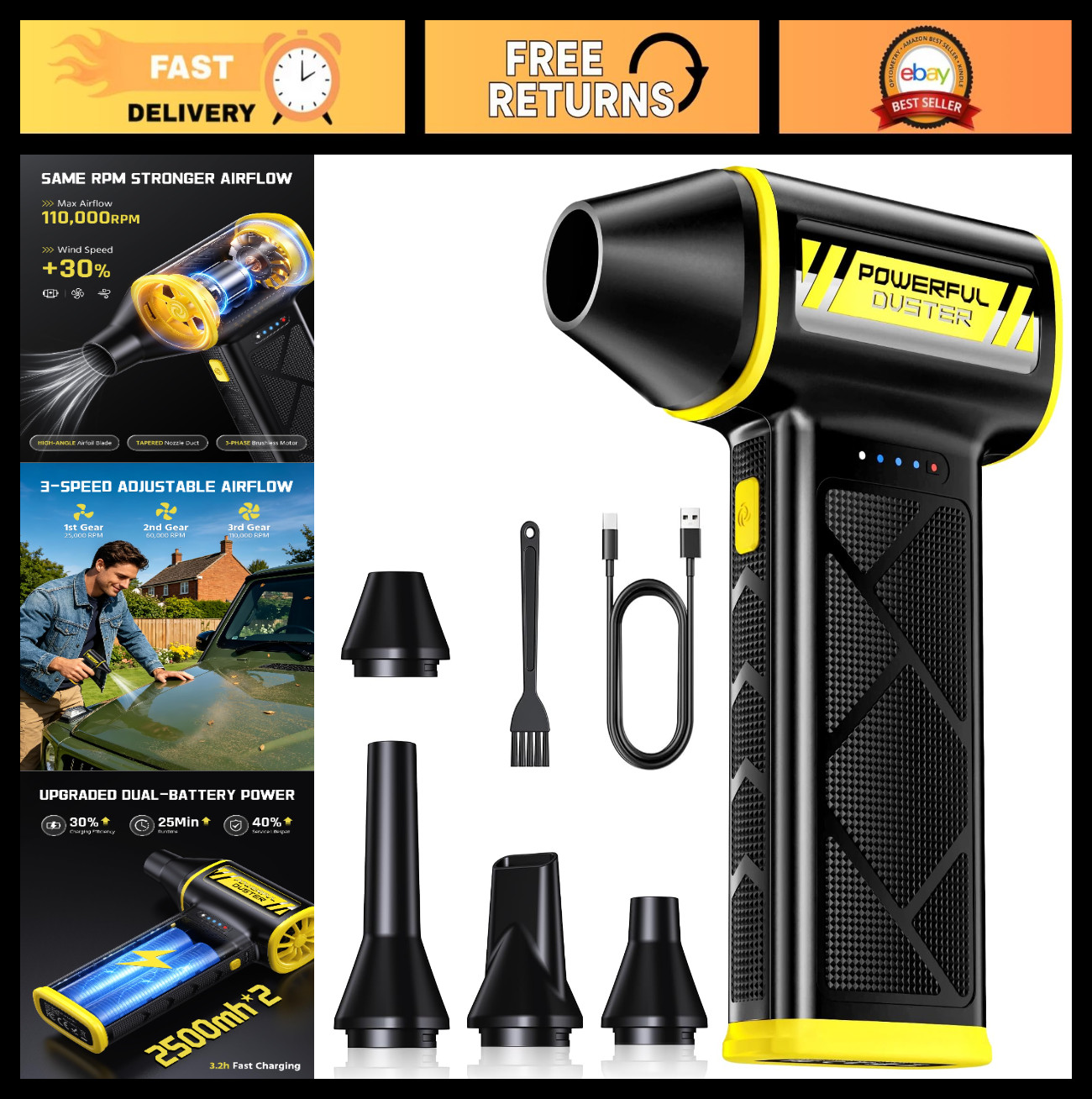 Ultra-Powerful Cordless Air Duster 110000RPM, 3-Speed Rechargeable Dust Blower f