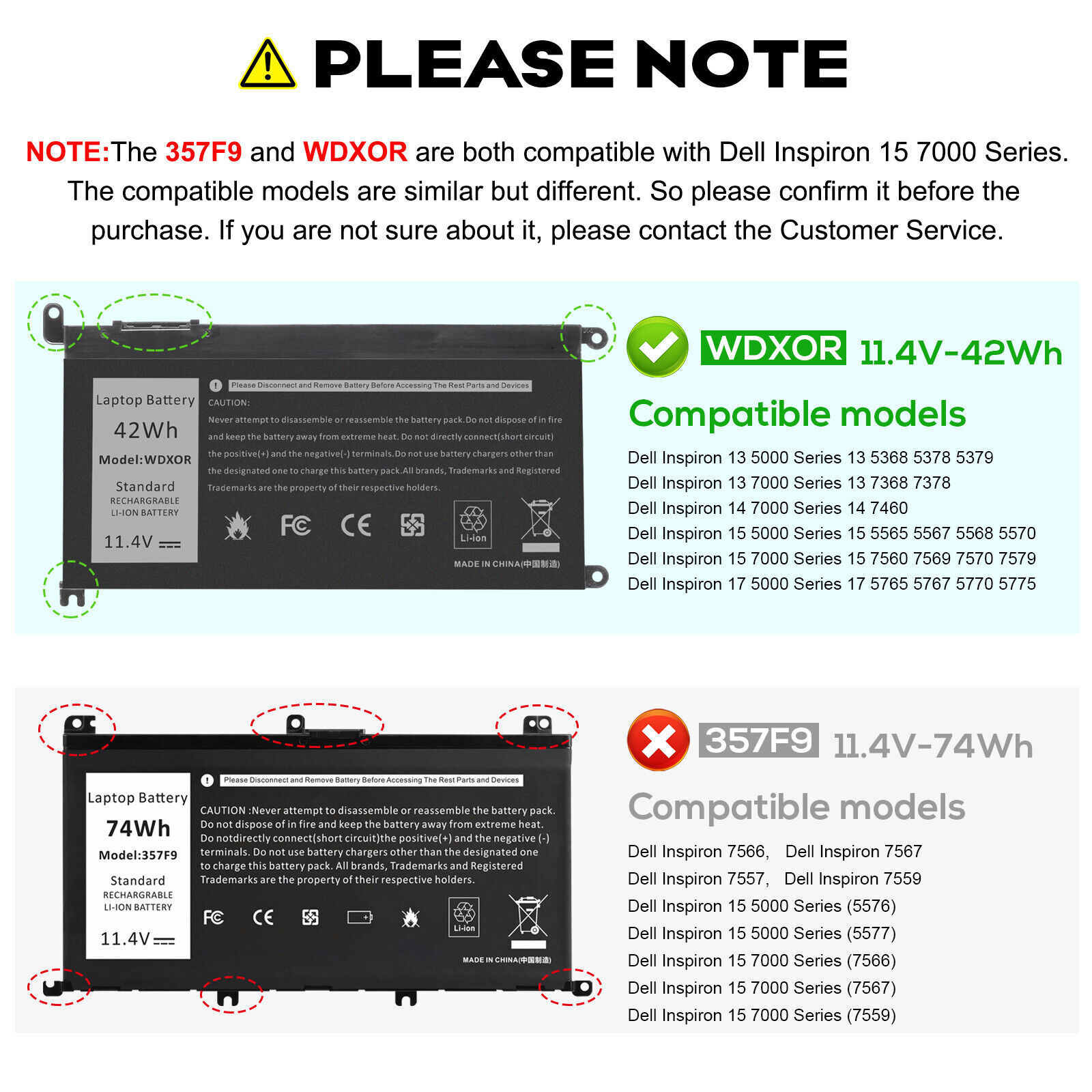 ✅LOT WDX0R WDXOR 42Wh Battery For Dell Inspiron 15 5567 5568 13 5368 5378 7368 