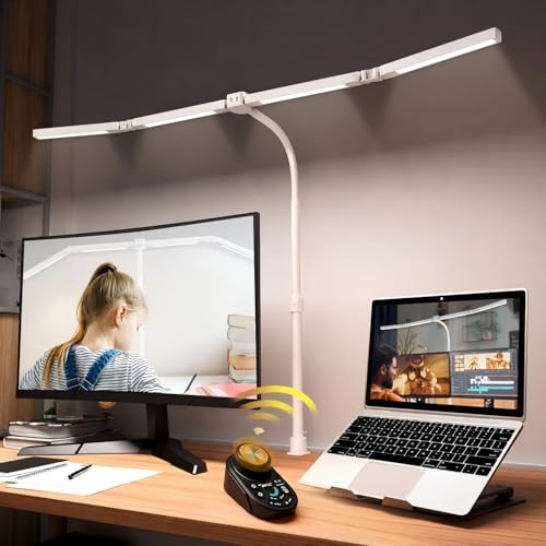 Adjustable LED Desk Lamp with Clamp & Remote, Wide 4-Head White