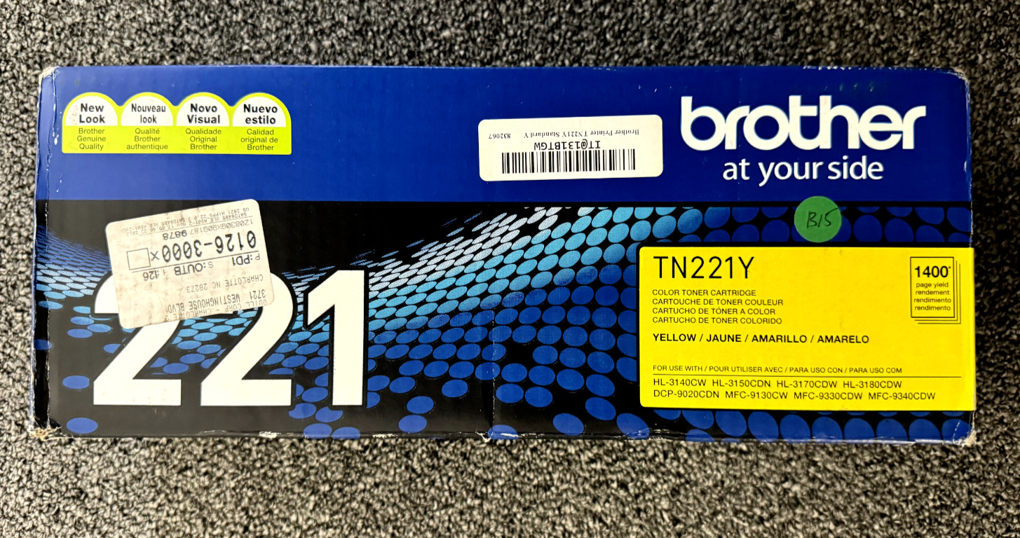 Brother TN-221Y Yellow Standard Yield Toner Cartridge Sealed in Damaged Box