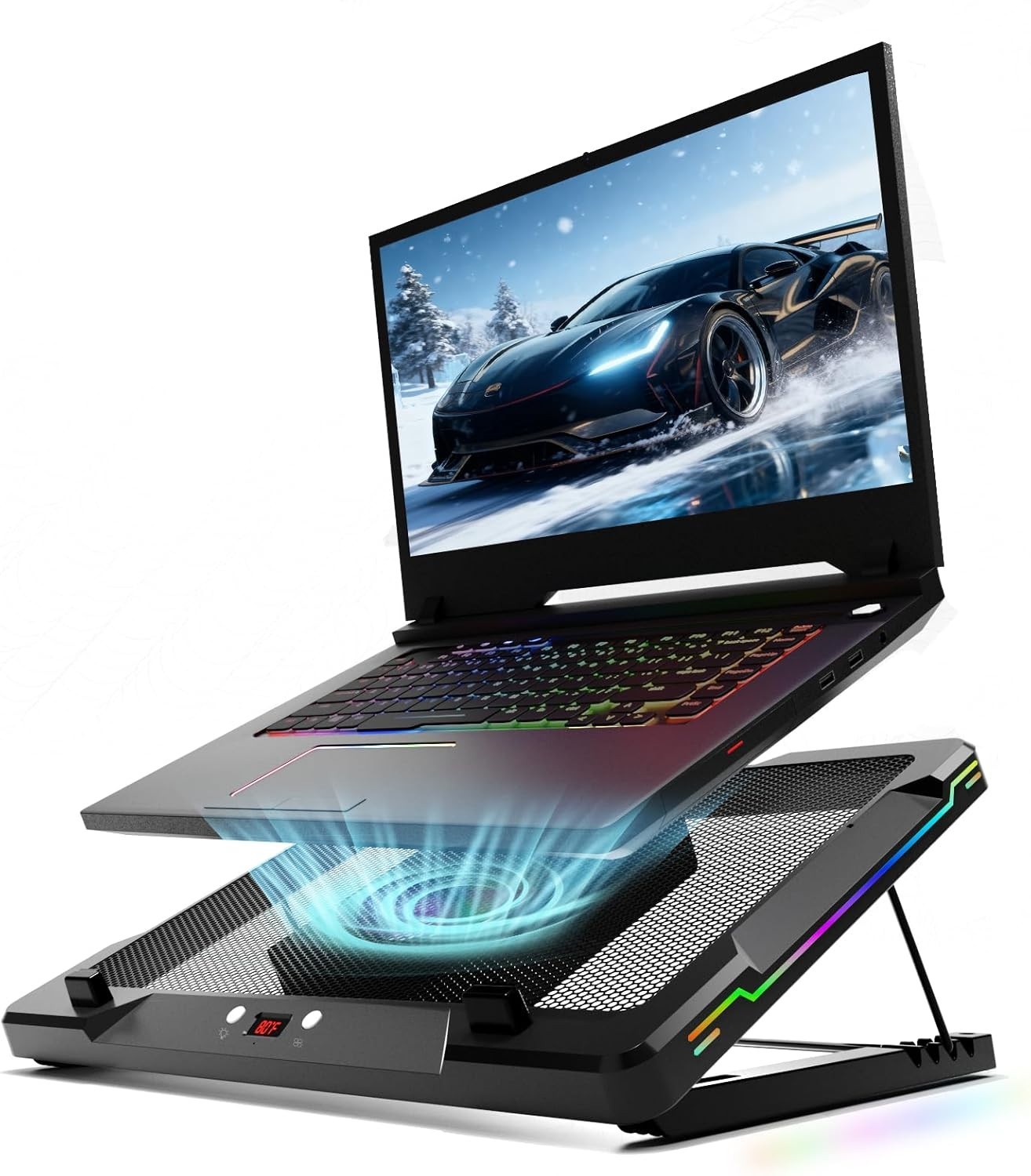 DEPGI Movable RGB Laptop Cooler w/5.5" Sliding Fan Cooling Stand Pad 14"-17.3"