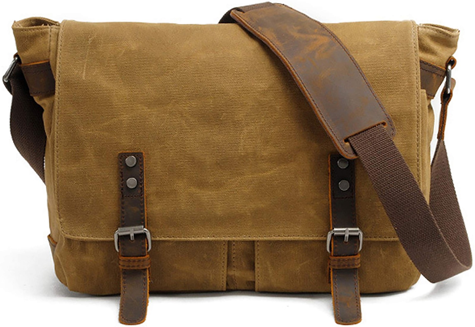 Vintage Military Style Waxed Canvas Messenger Bag for Men, Khaki