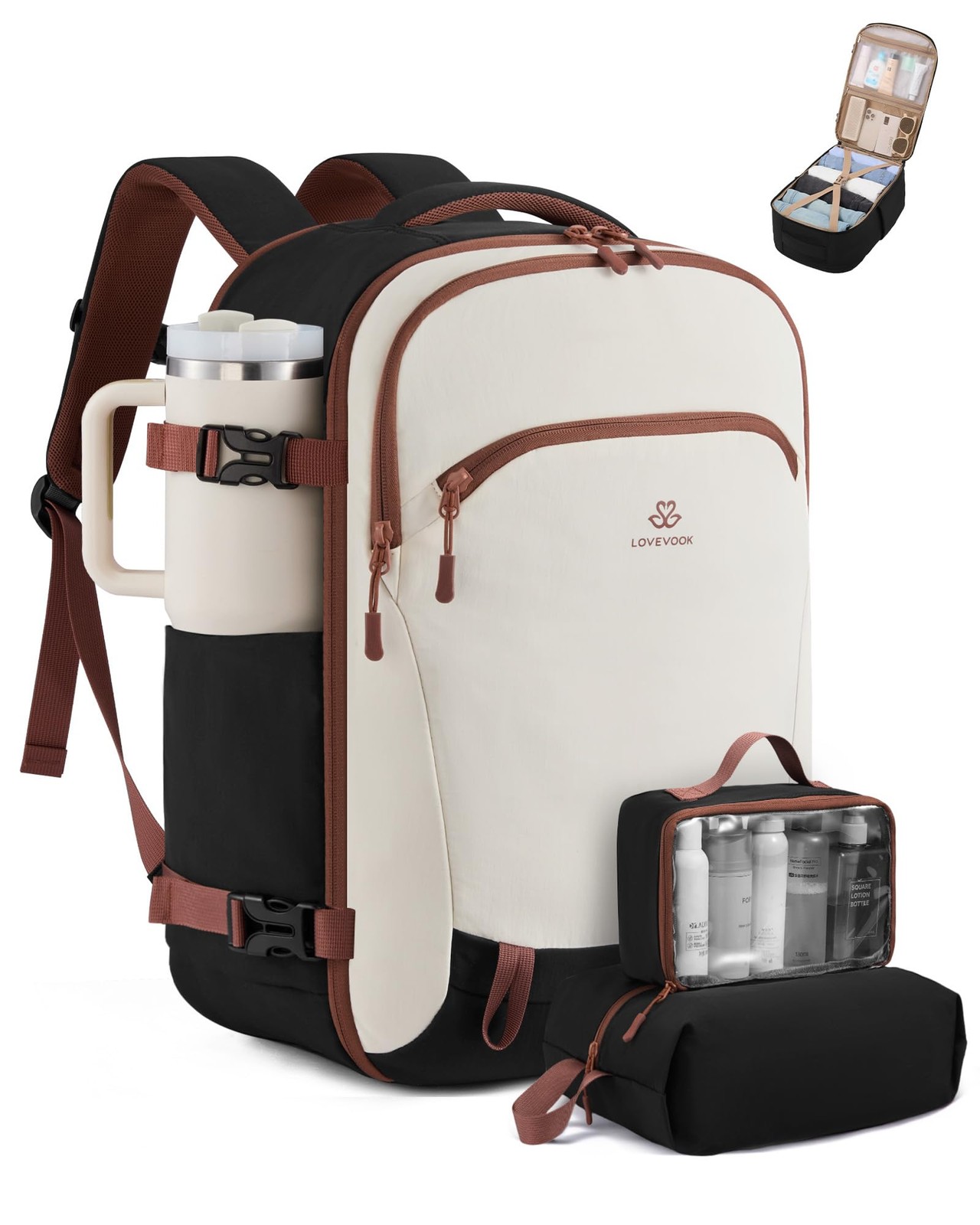 LOVEVOOK 50L Travel Backpack for Women, 50L-4PCS, White & Brown & Black