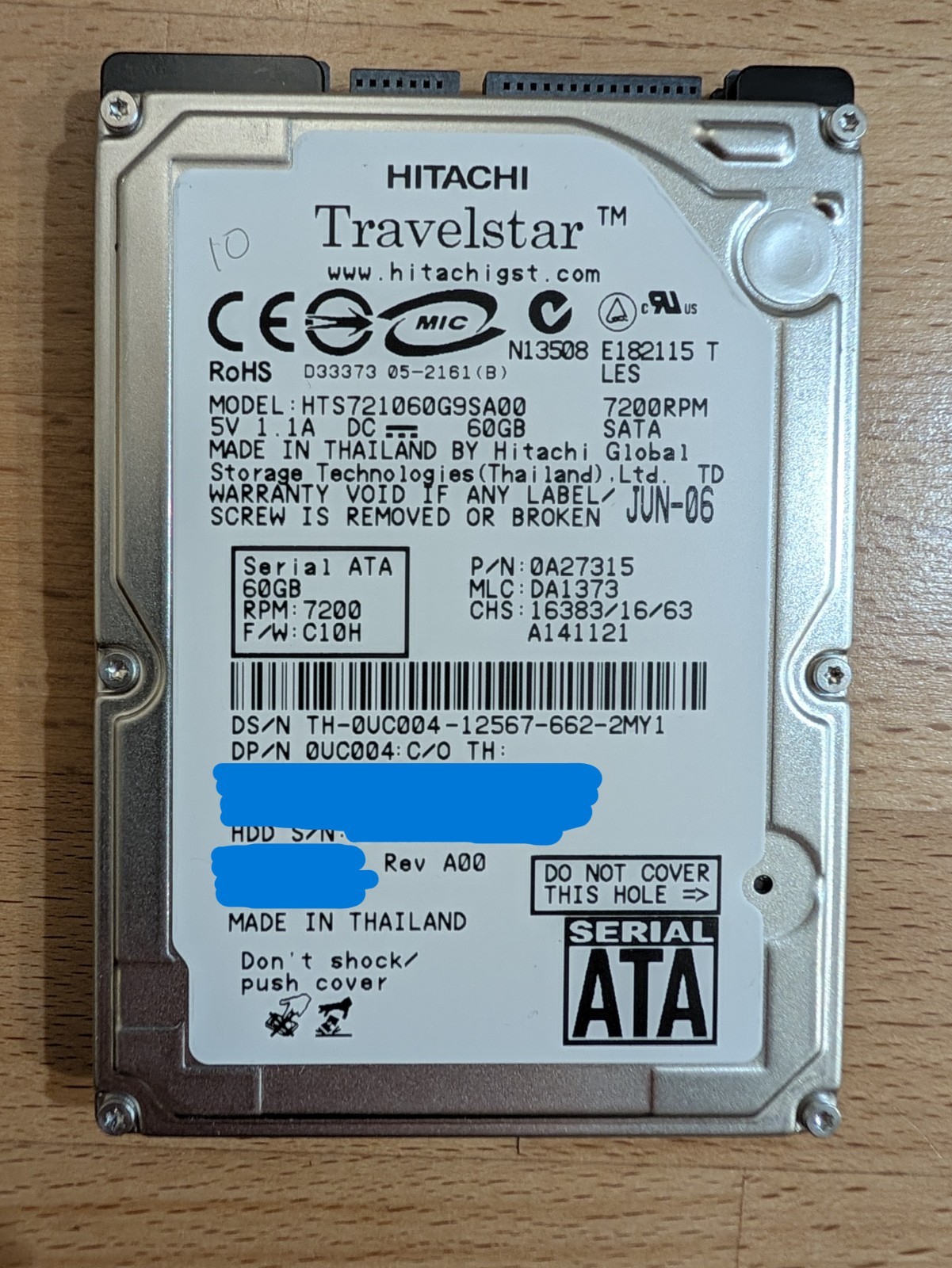 Hitachi Travelstar HTS721060G9SA00 60 GB 7200 RPM 2.5" HDD Hard drive disk