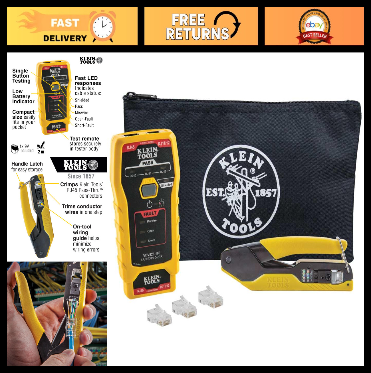Ethernet Cable Tester & Crimper Kit, Pass-Thru Tech, 50 Connectors for Cat5e/CAT