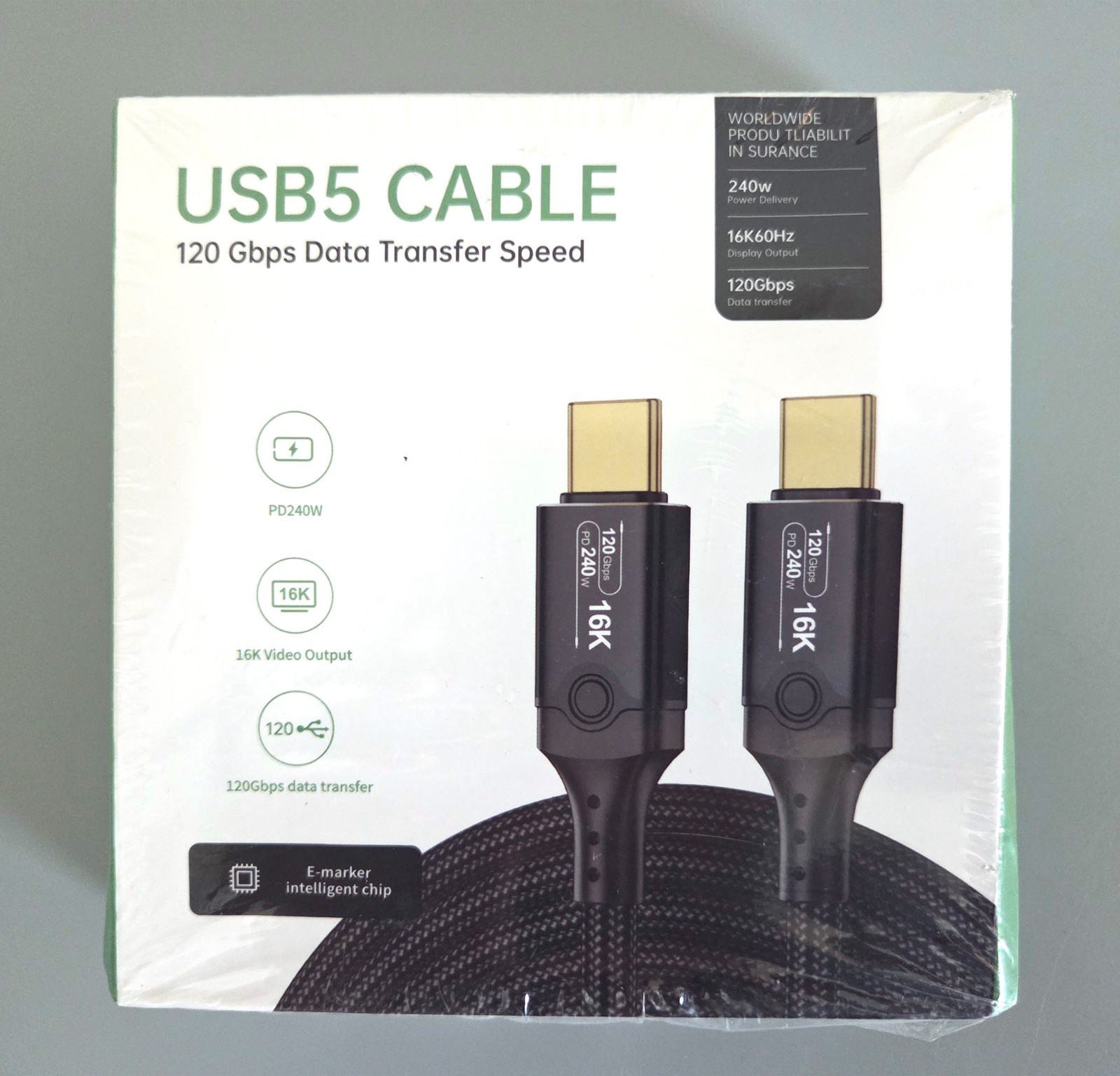 DERSUR USB5 120Gbps 240W PD 16K 60Hz 2M 6.6ft USB-C Cable New in Box Black