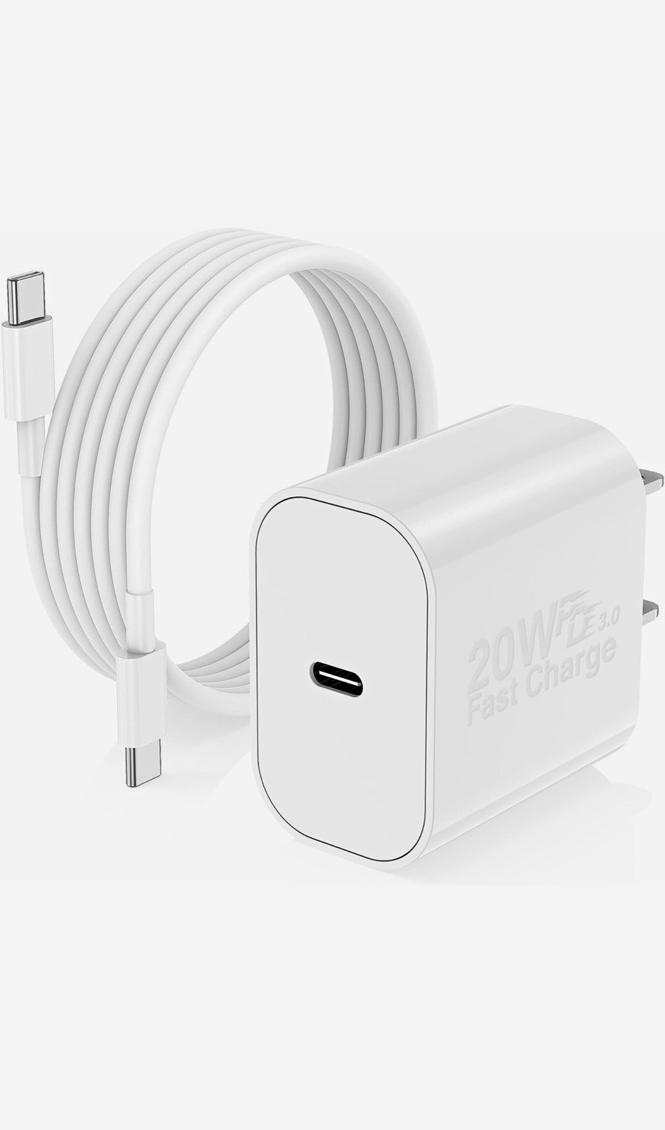20W USB-C Wall Charger w/ USB-C to USB-C Cable, USB PD Fast, White 1:1