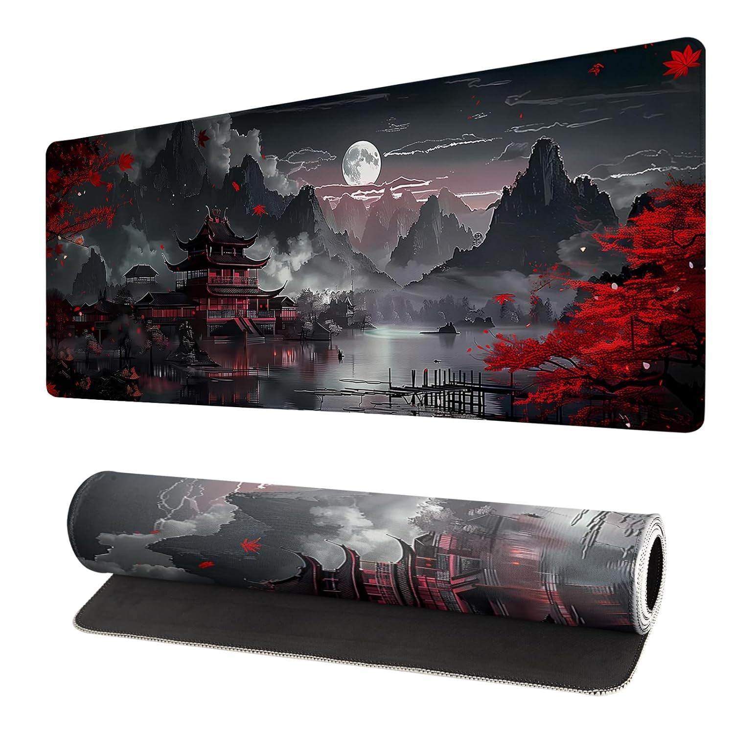 Large Waterproof Gaming Mouse Pad Japanese Style Stitched Edges Extended