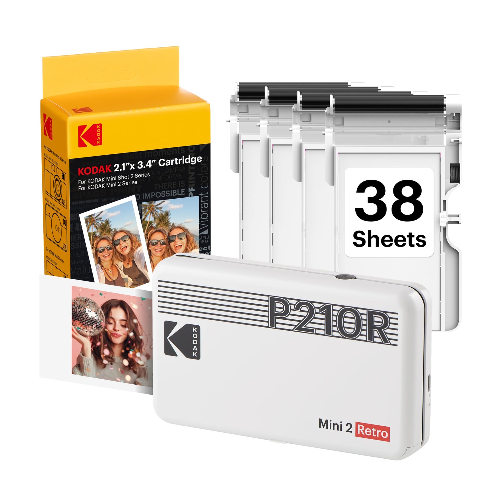KODAK Mini 2 Retro 2x3 Portable Photo Printer 4PASS 38 Sheets White Bluetooth