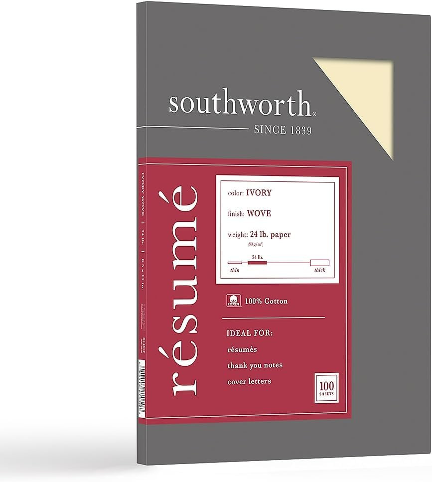 Southworth® 100% Cotton Résumé Paper, 8 1/2" X 11", 24 Lb, 100% Recycled, Ivory,