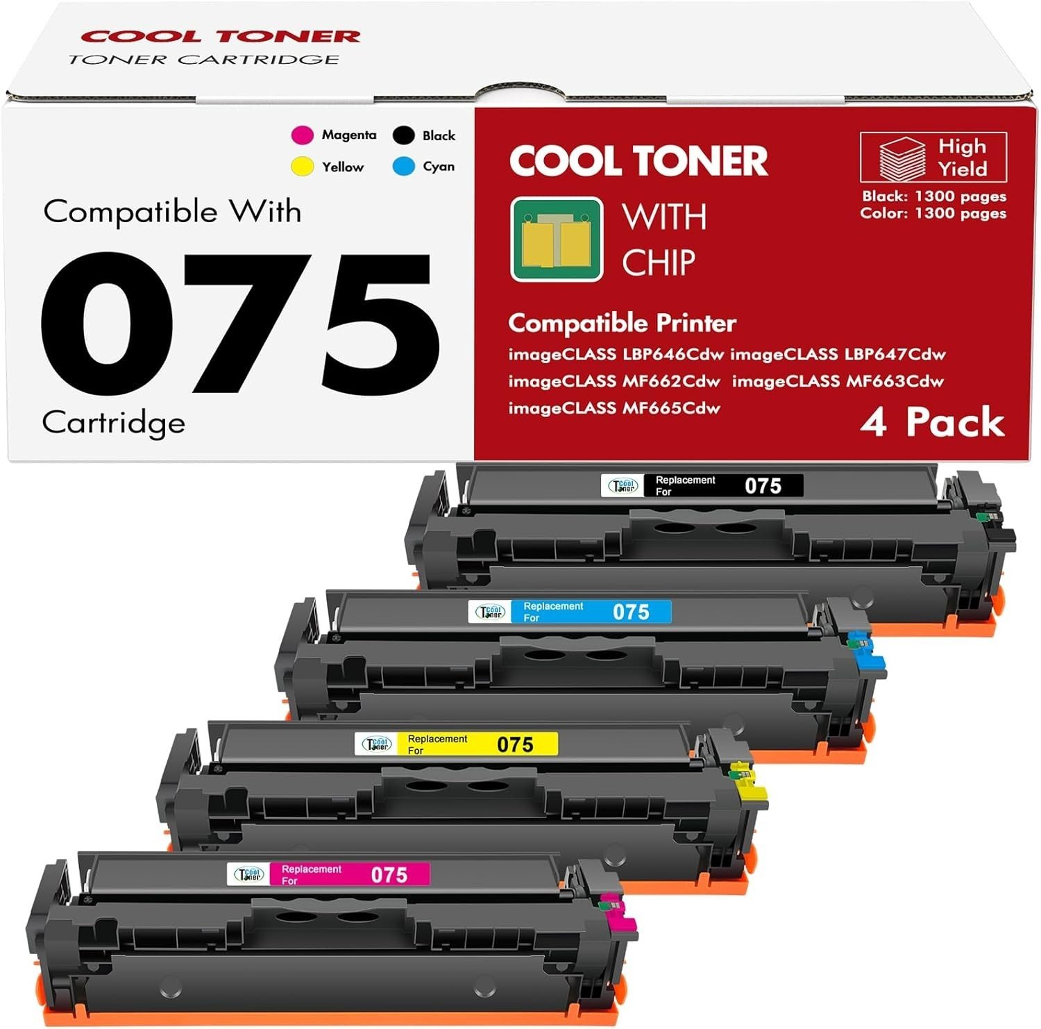 075 Toner Cartridge Set 075H with chip: Compatible for Canon Color image class.
