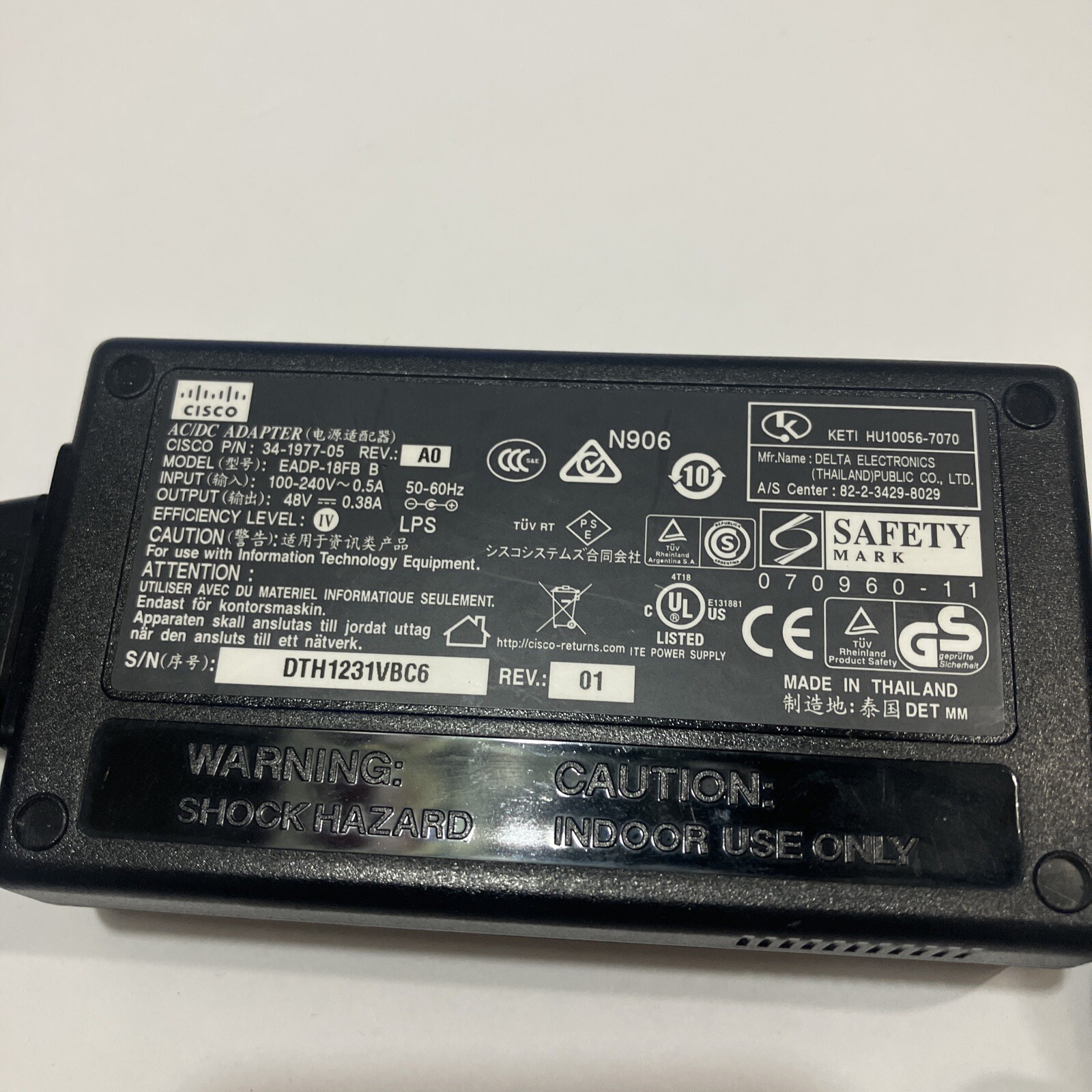 Cisco Ac/Dc Adapter Model-EADP-18FB B Output-48V-0.38A P/N-34-1977-05
