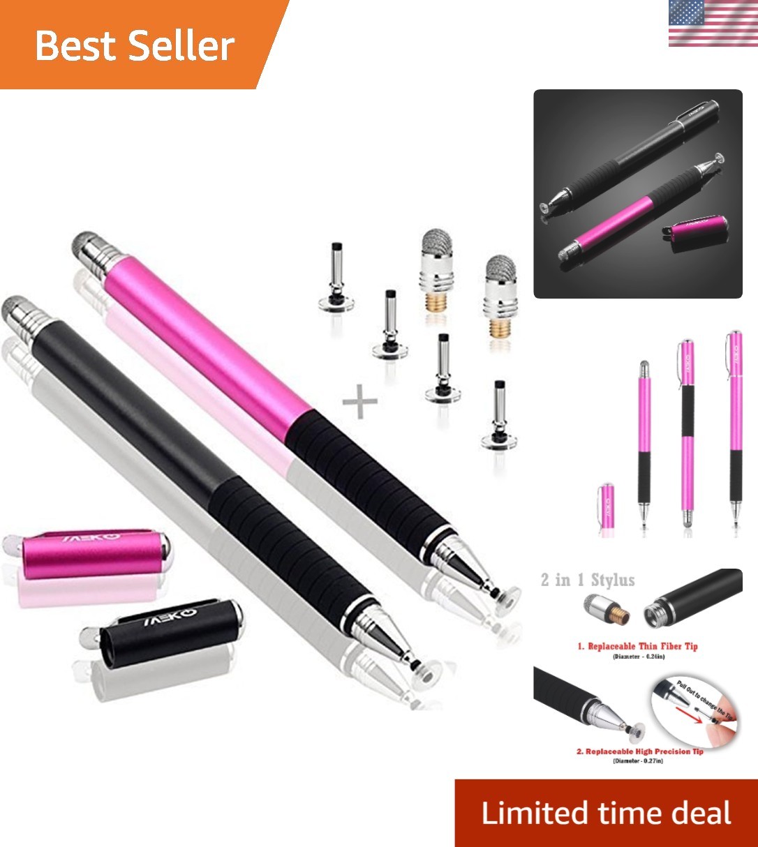 Precision Touchscreen Stylus - Black/Pink 2-Pack with Replacement Tips Included