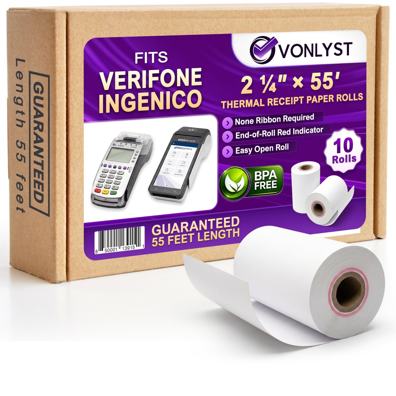 Verifone & Ingenico Thermal Paper Rolls 2 1/4" x 55' (10 10 rolls, White 