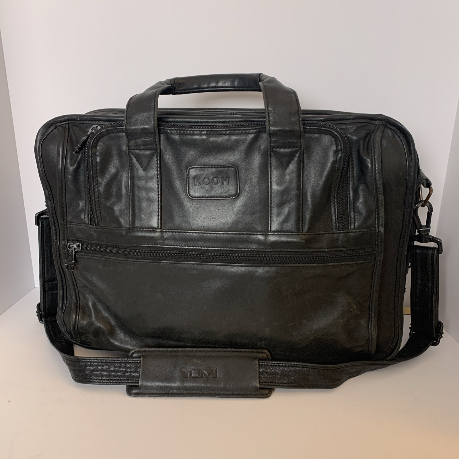 TUMI Black Leather Expandable Briefcase Laptop Business Bag Multiple Pockets