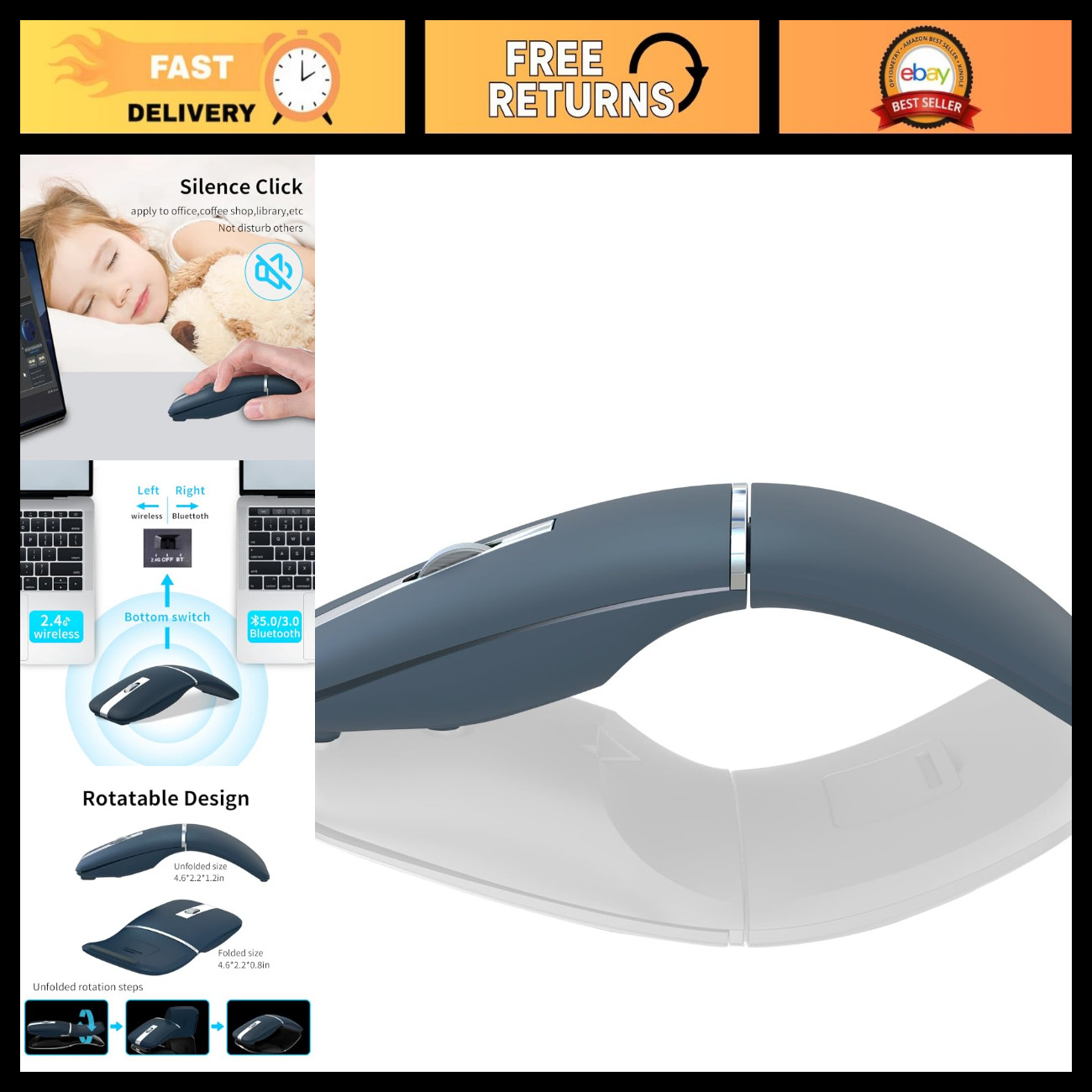 Ultra-Slim Bluetooth Mouse, Rechargeable Rotating Wireless Mice, Dual Mode, Port