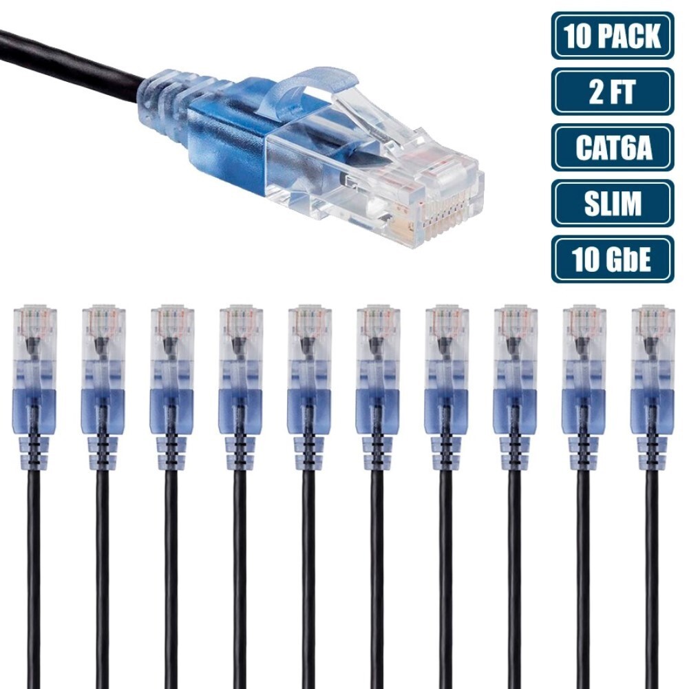 10 Pcs 2FT CAT6A RJ45 Ethernet LAN Network Patch Cable Slim Cord Router BLACK