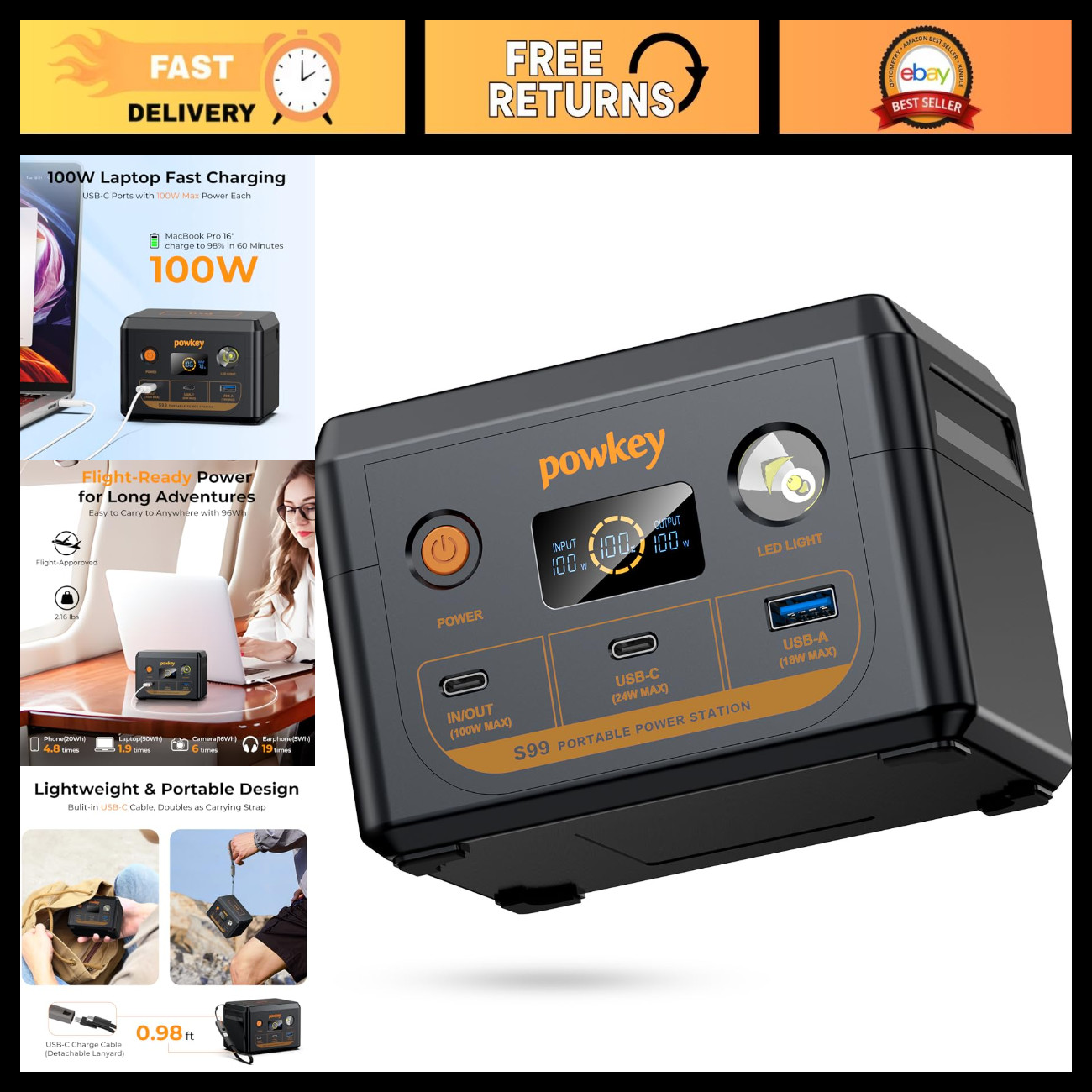 100W Portable Power Station for Laptops, USB-C Rechargeable Battery Pack