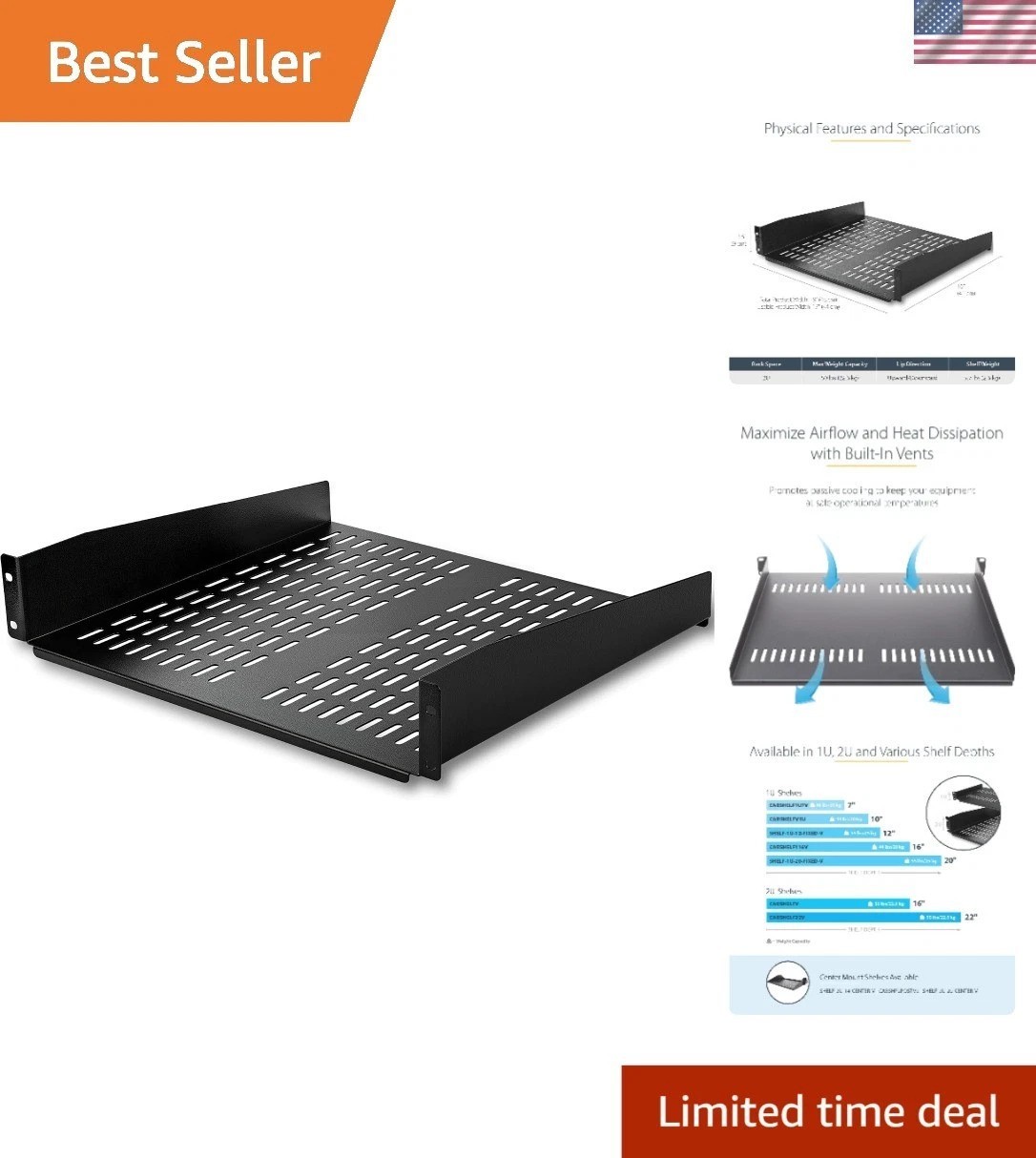 StarTech 2U Vented Cantilever Rack Shelf, 16in Deep, 50lb, TAA CABSHELFV