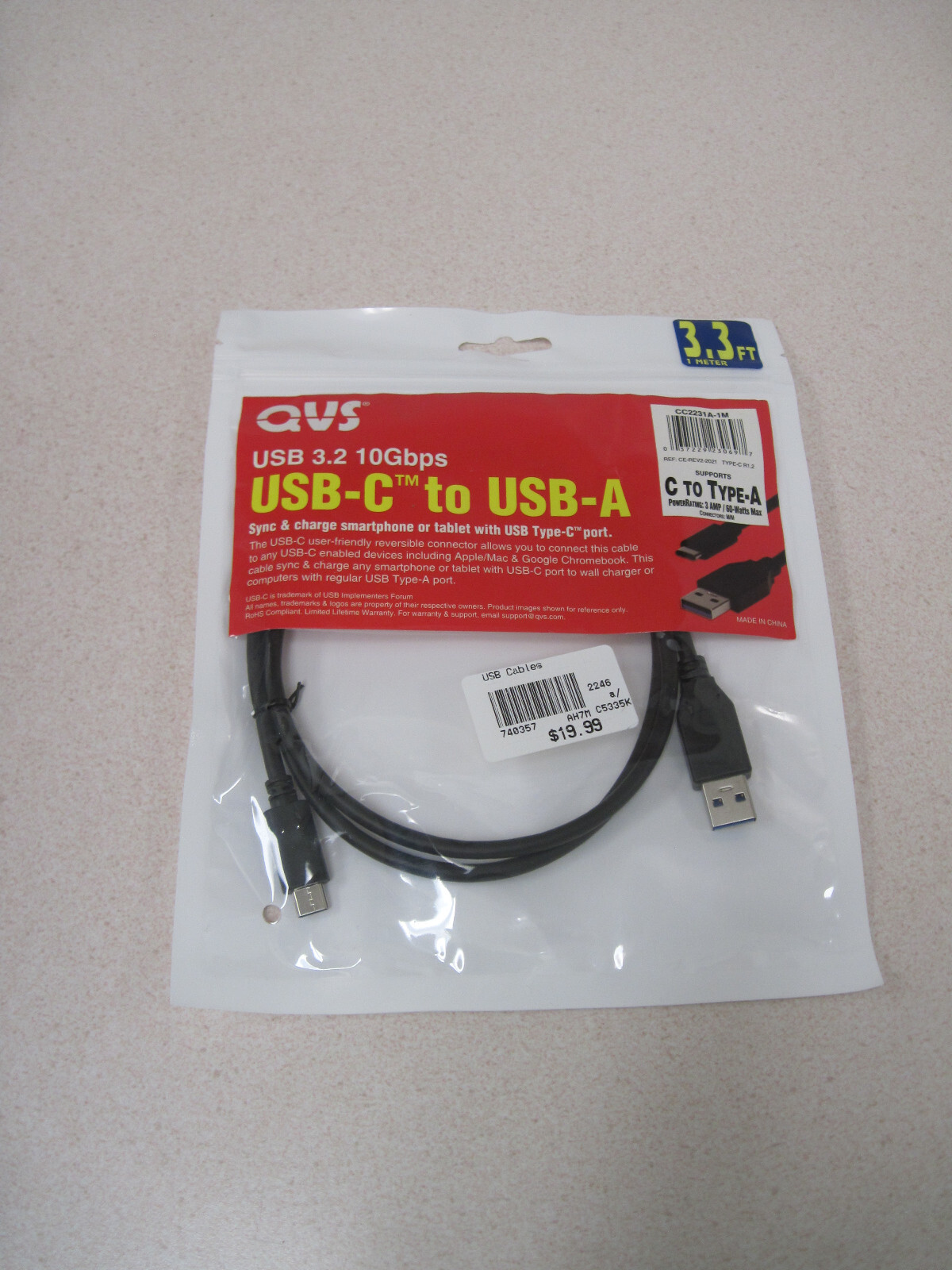 QVS High speed USB-C To USB Type-A Cable Usb3.2, 10Gbps