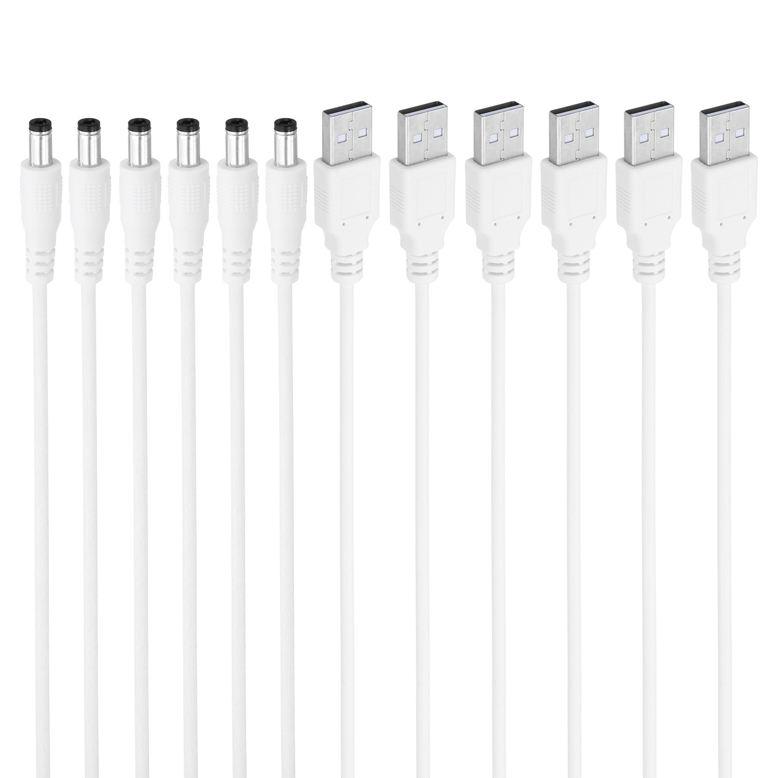 USB 2.0 A Type to DC 5.5x2.5mm Barrel Jack Power Cable 6pcs White