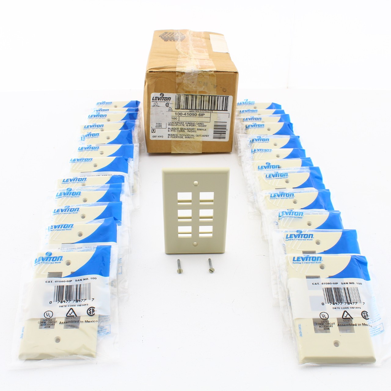 Leviton 41080-6IP Ivory Quickport 6-Port High Impact Plastic Wallplates 25-Pack