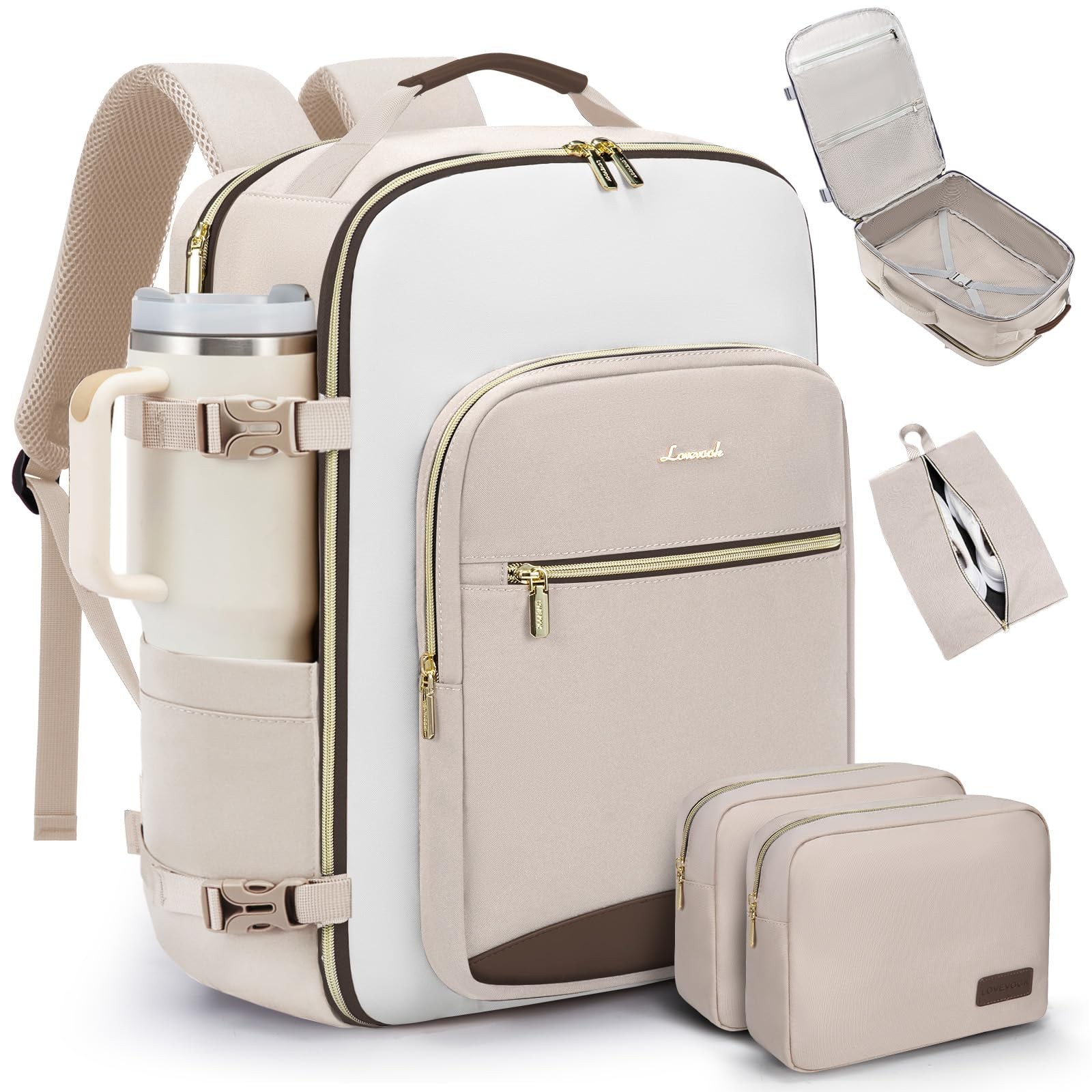 LOVEVOOK 50L Travel Backpack for Women & X-Large, Light Khaki-beige-coffee