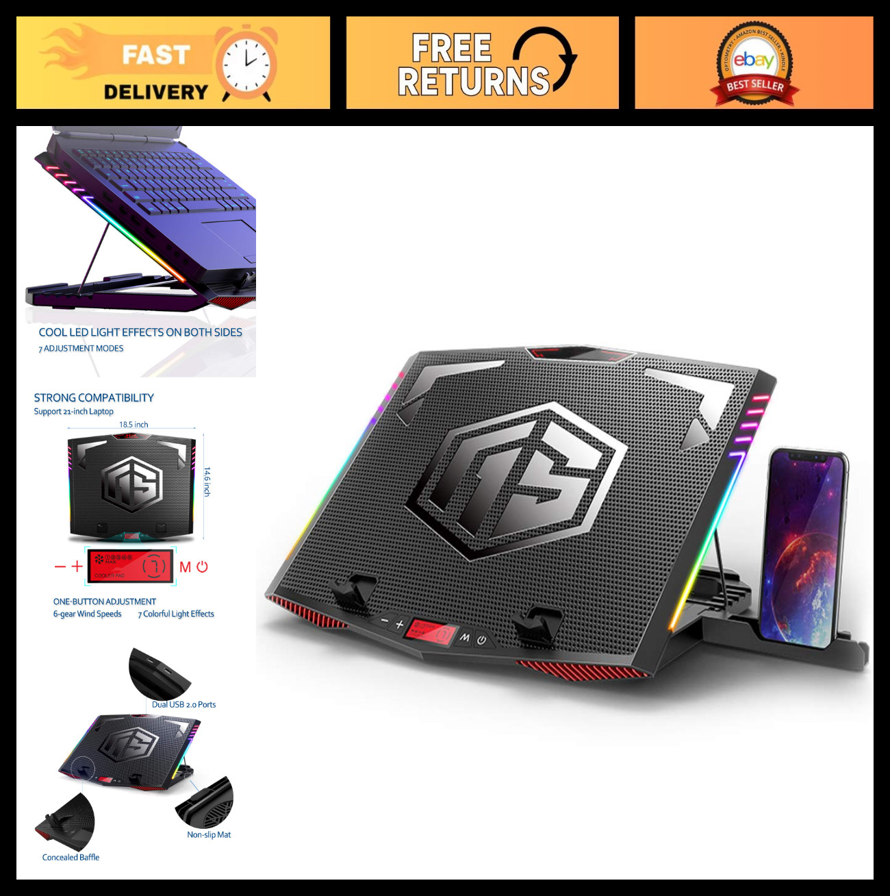RGB Laptop Cooling Pad for 15.6-21" Gaming Laptops, 6 Quiet Fans, Metal Panel